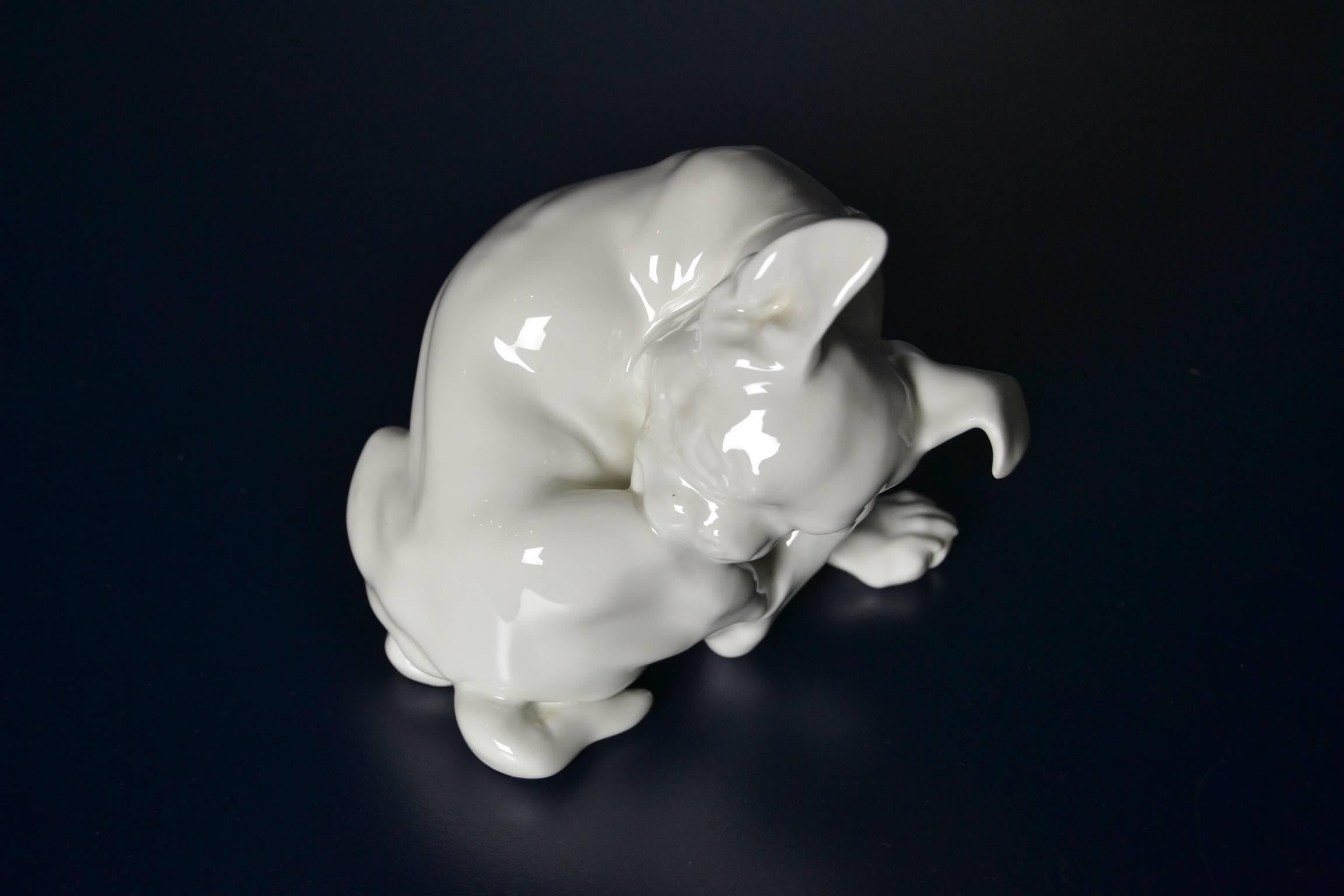 French bulldog white porcelain dog figurine statue.
Made by Company Meissen from Germany in the 1930s.
Stamped and numbered. 

