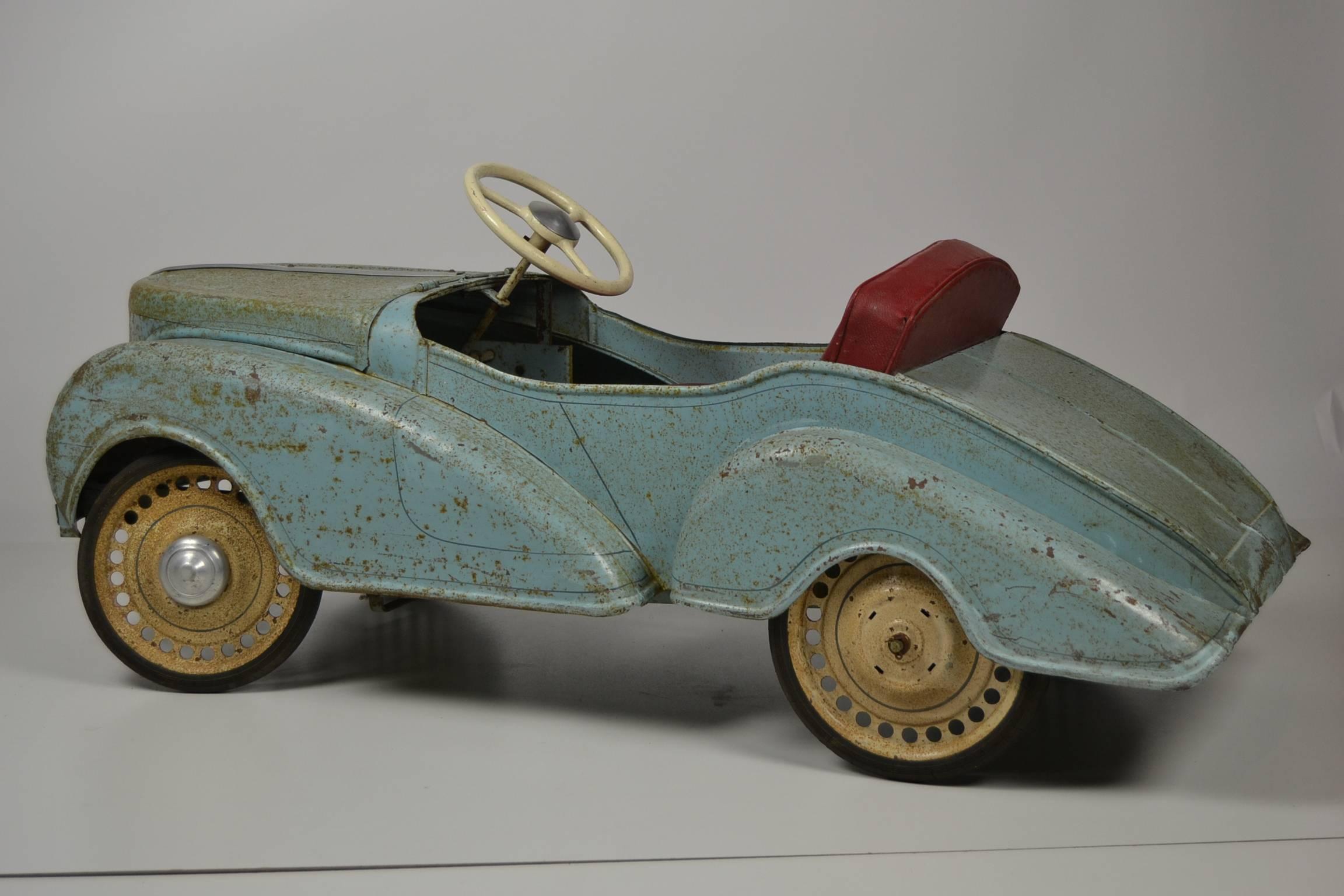 French Vintage Metal Pedal Car with Open Hood