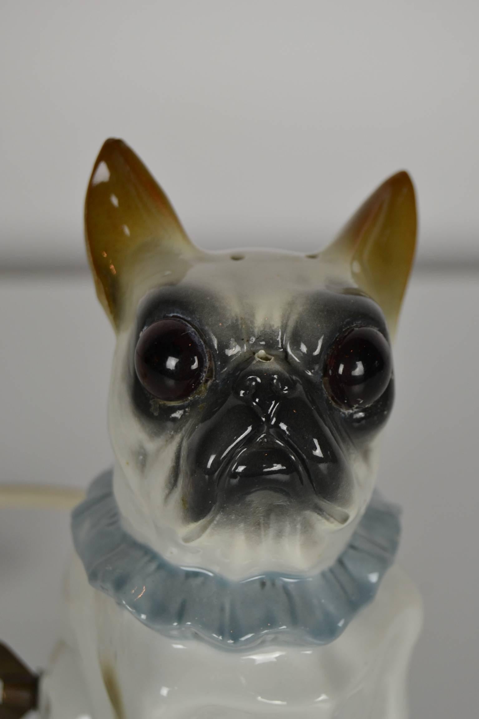 German 1920s Bavaria Porcelain Perfume Lamp French Bulldog
