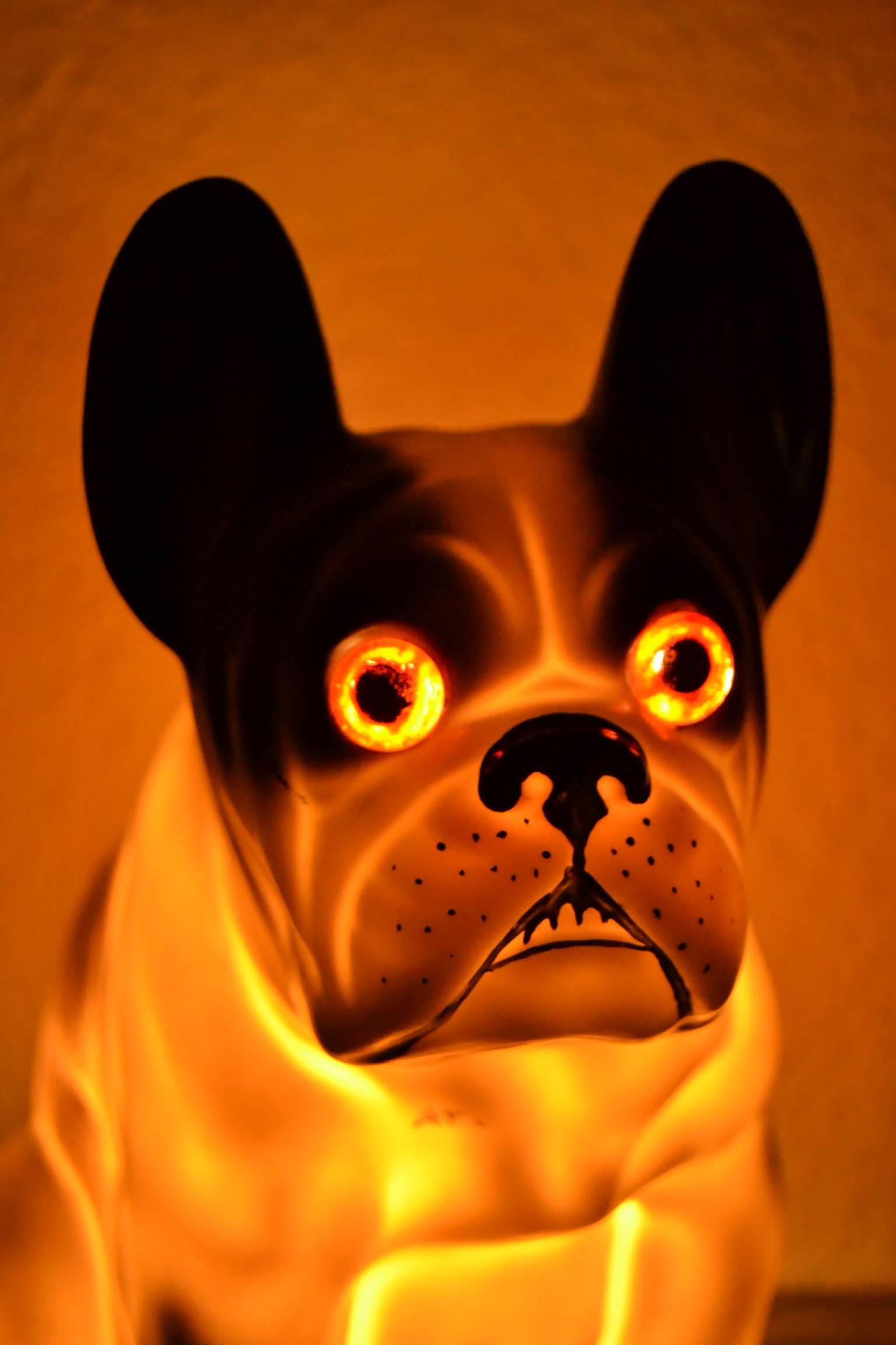 Awesome antique perfume lamp - nightlight dog figural French Bulldog - Frenchie .
Made of porcelain with beautiful big orange glass eyes. 
This bulldog is ready to have a special and warm welcome by a French Bulldog lover, probably a member of the