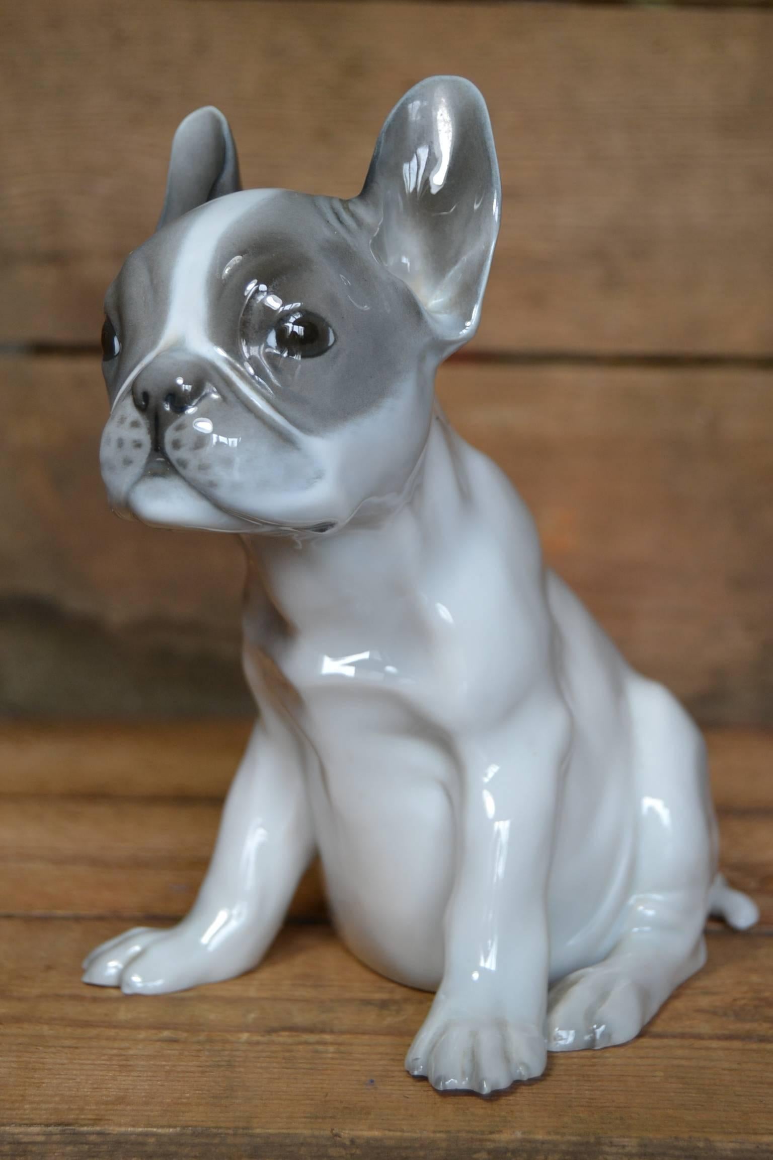 Huge collectable dog figurine porcelain.
Rosenthal Selb - Bavaria / Germany.
Bulldog puppy K 297 designed by Thekla Harth - Altmann in 1913.
Green stamp and model number. 
Colours white and soft grey.