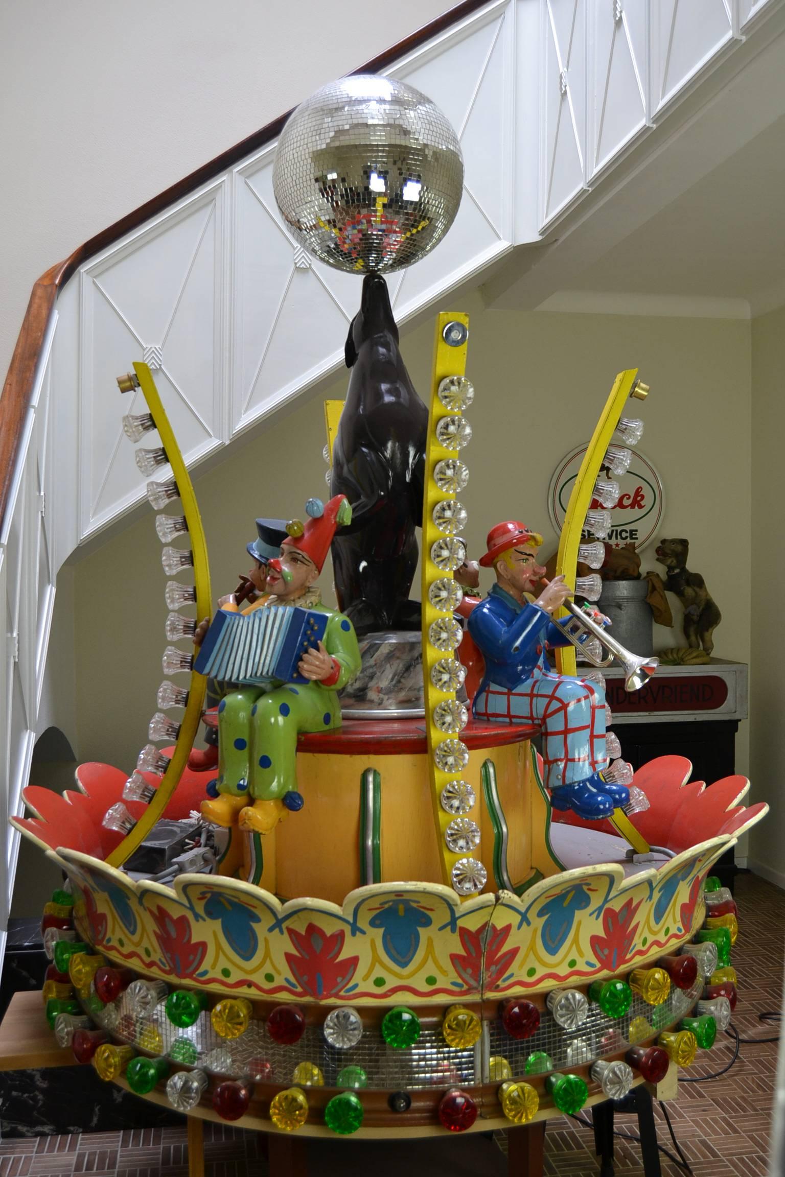 German Wooden Center Carousel Ride with Clowns, Seal and Disco Ball for Hennecke, 1950s