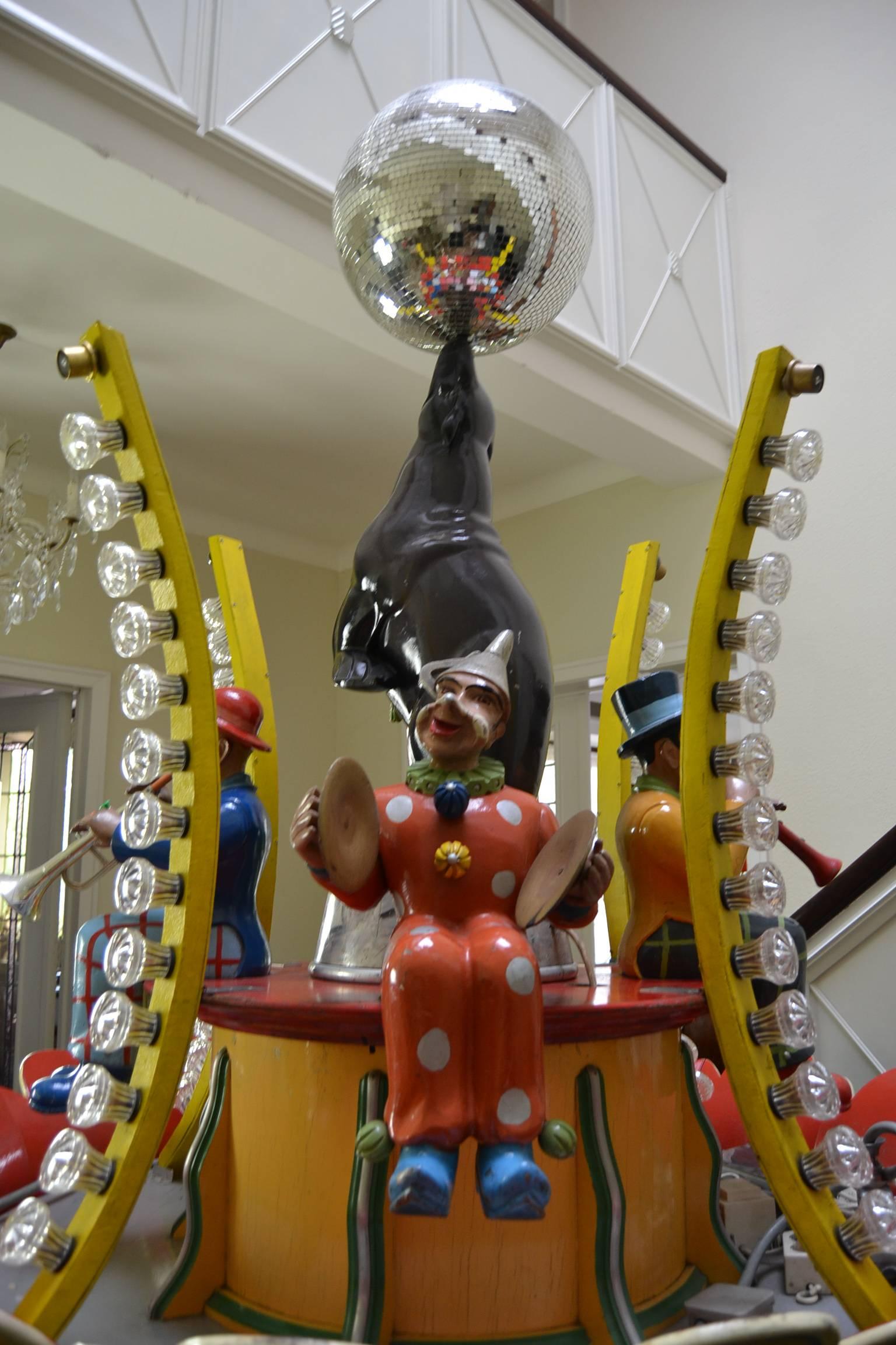 Carved Wooden Center Carousel Ride with Clowns, Seal and Disco Ball for Hennecke, 1950s