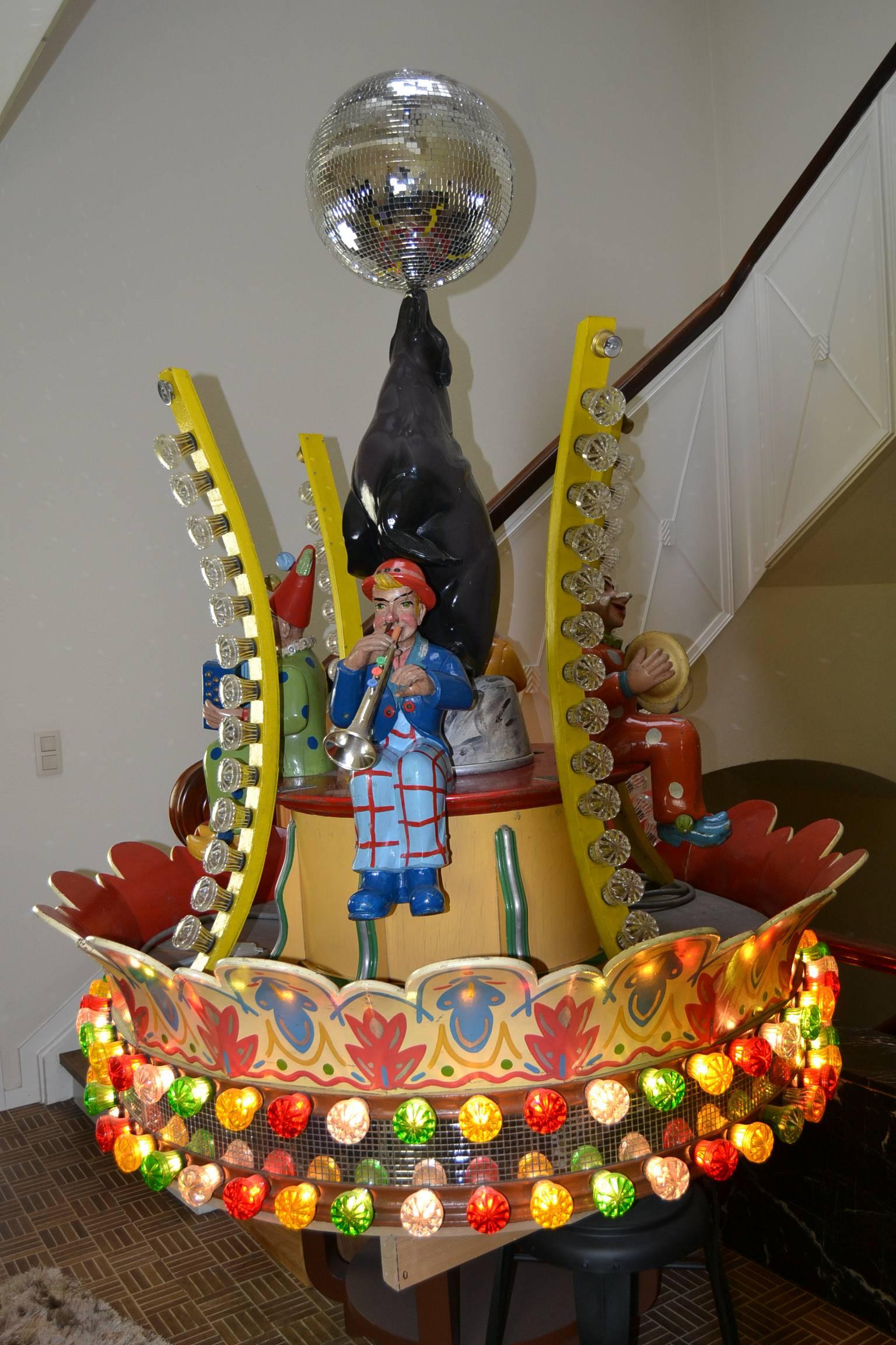 Wooden Center Carousel Ride with Clowns, Seal and Disco Ball for Hennecke, 1950s 1