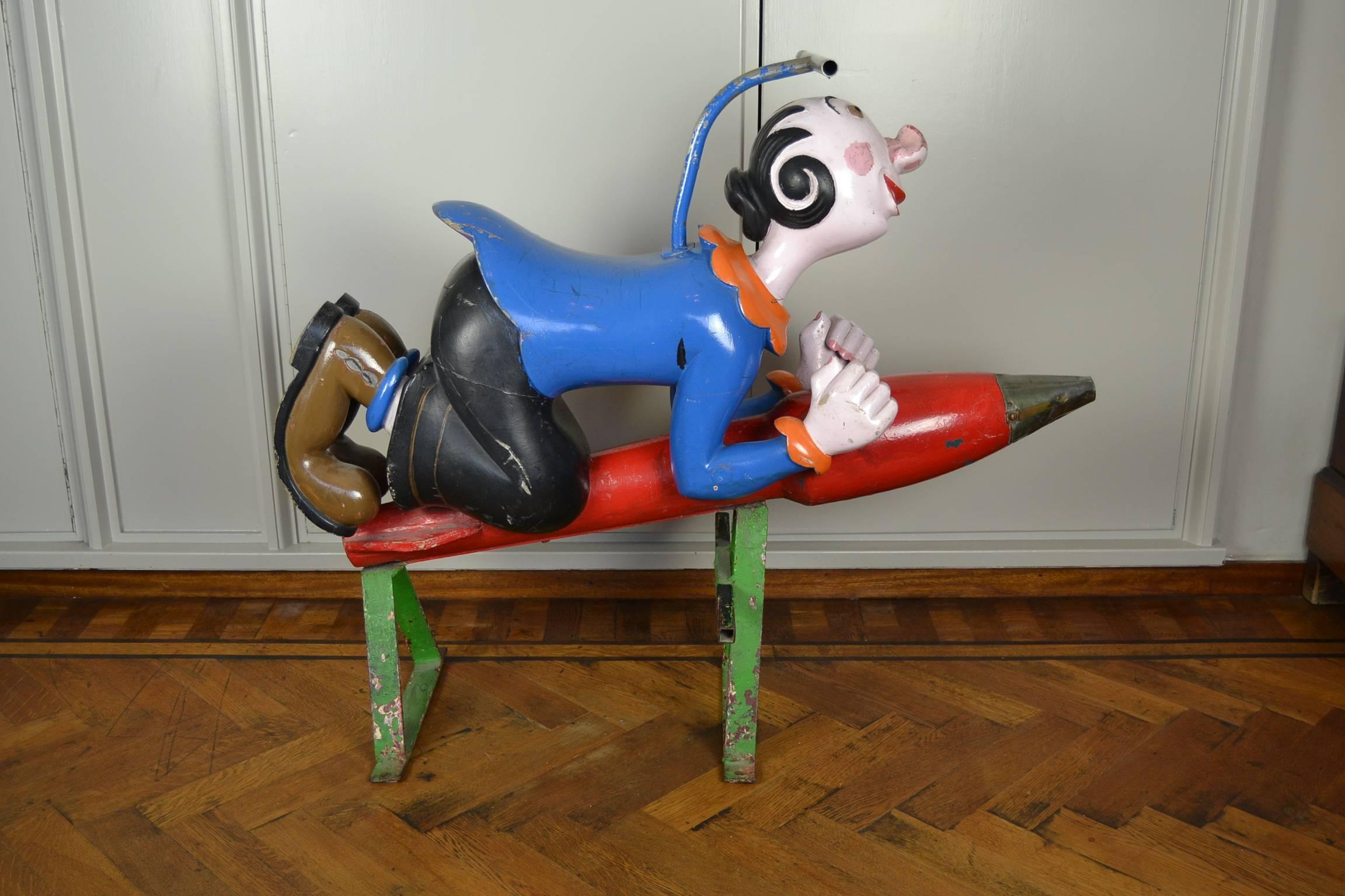 Wooden Popey and  Olive Oyl Carousel Sculptures by Bernard Kindt, Belgium , 1950s In Good Condition In Antwerp, BE