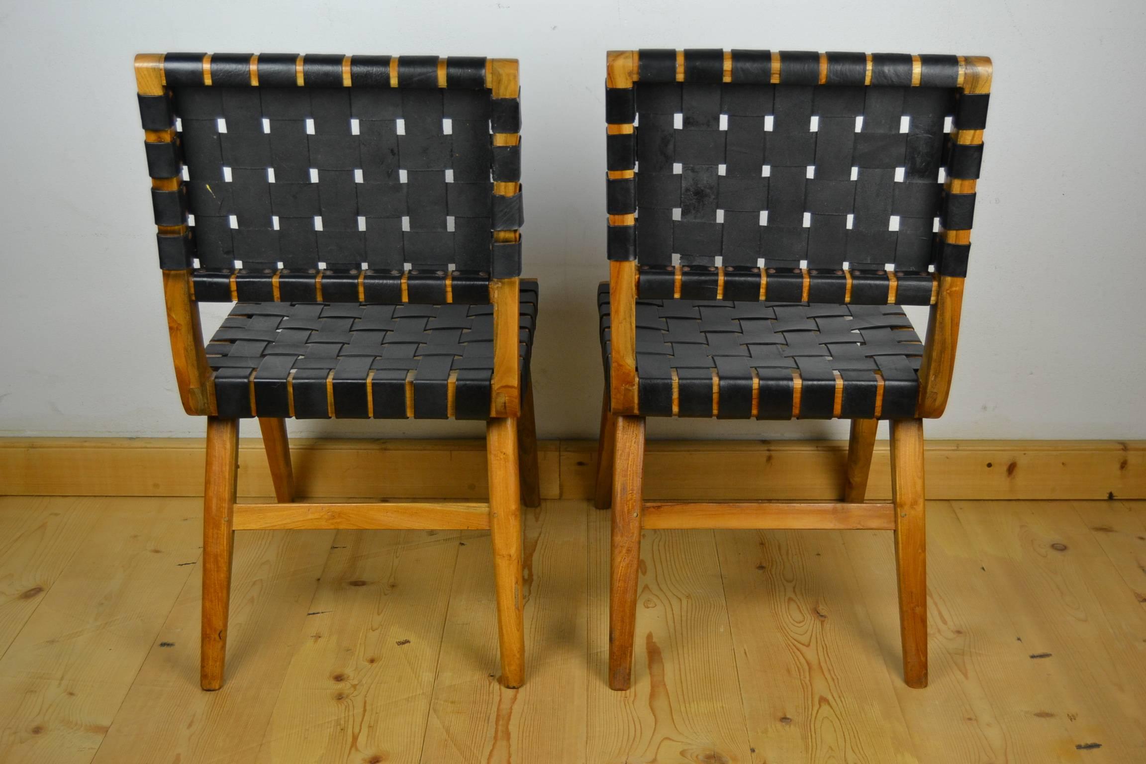 Scandinavian Modern Vintage Pair of Walnut and Leather Webbed Side Chairs