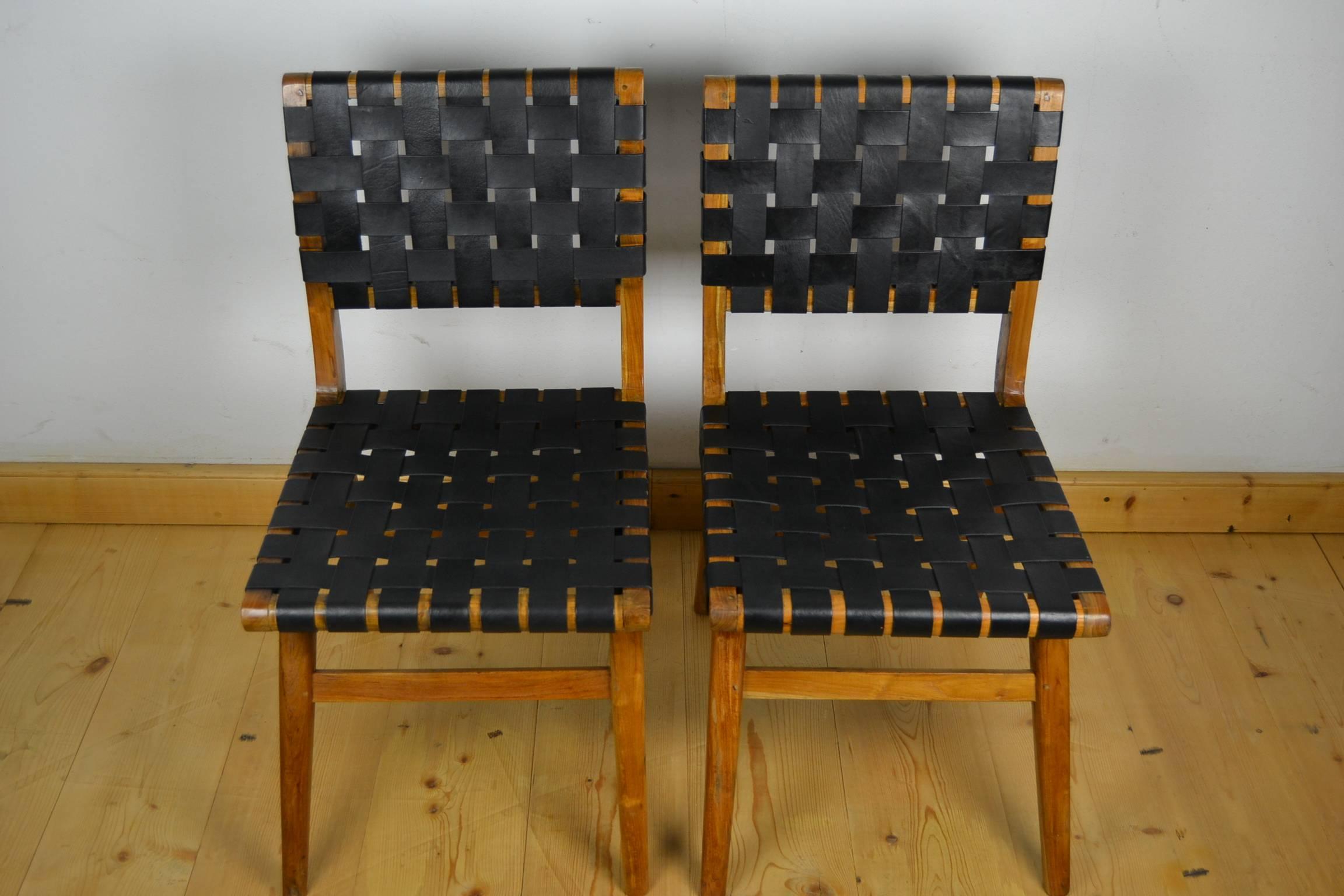 20th Century Vintage Pair of Walnut and Leather Webbed Side Chairs