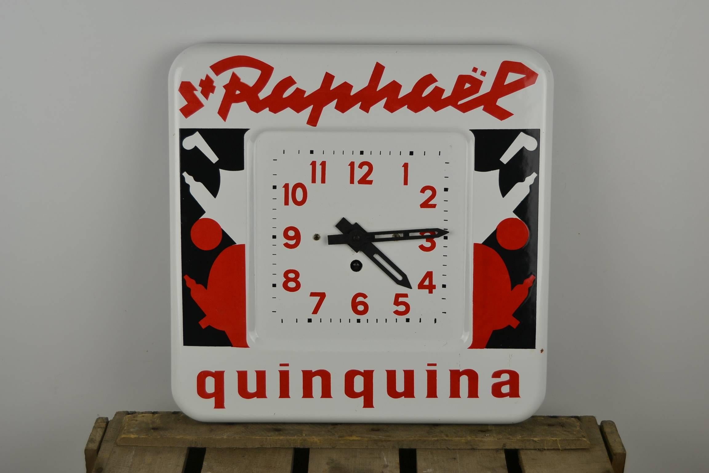 St Raphaël quinquina, French aperitif drink.
Beautiful advertising clock - publicity wall clock from the 1950s.
Enameled metal - porcelain enamel. 
Square shape - nice design with colors white, black and red.
Working condition - wind up system