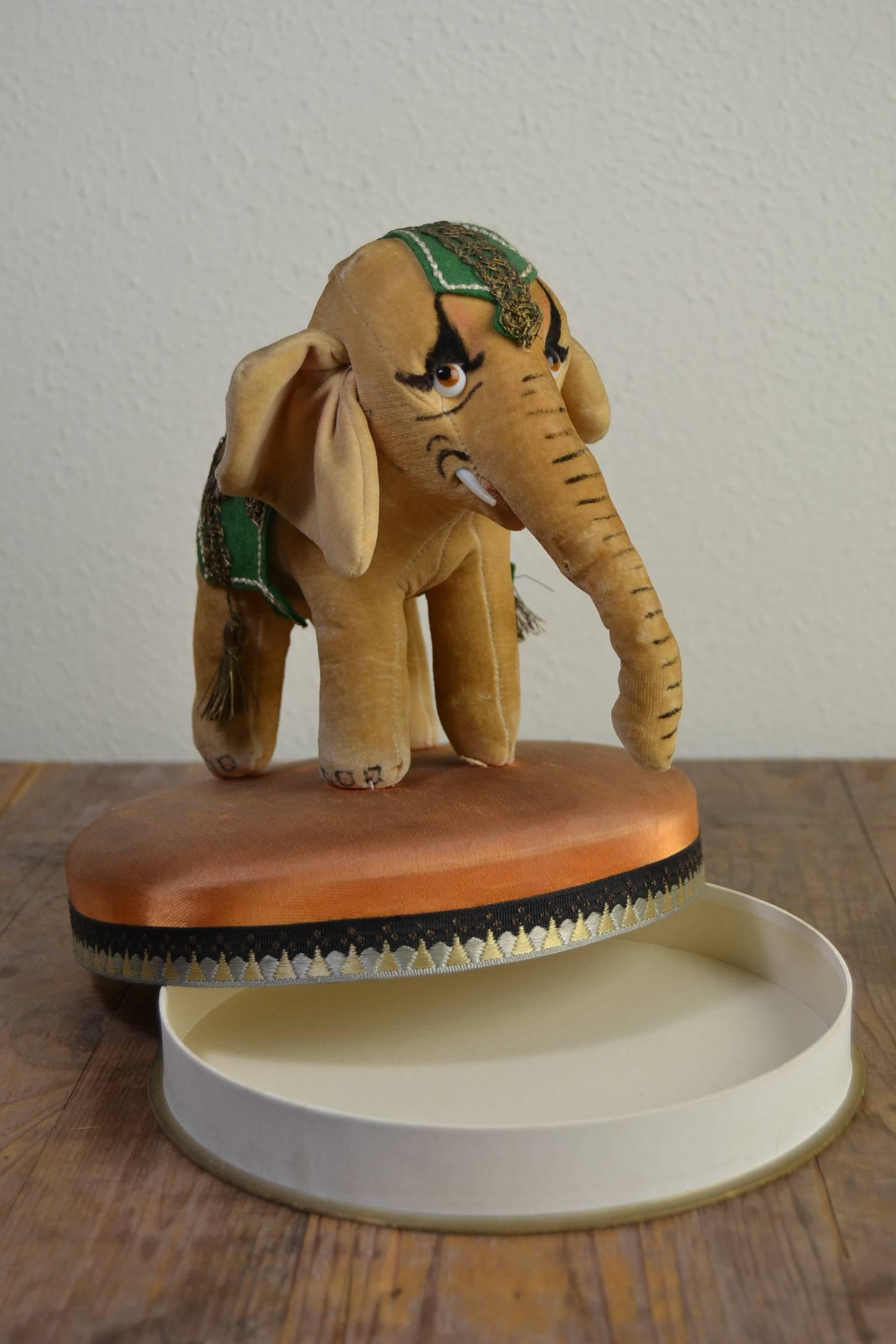 Art Deco Neuhaus Chocolate Box with Stuffed Elephant Figurine on top , 1930s 1