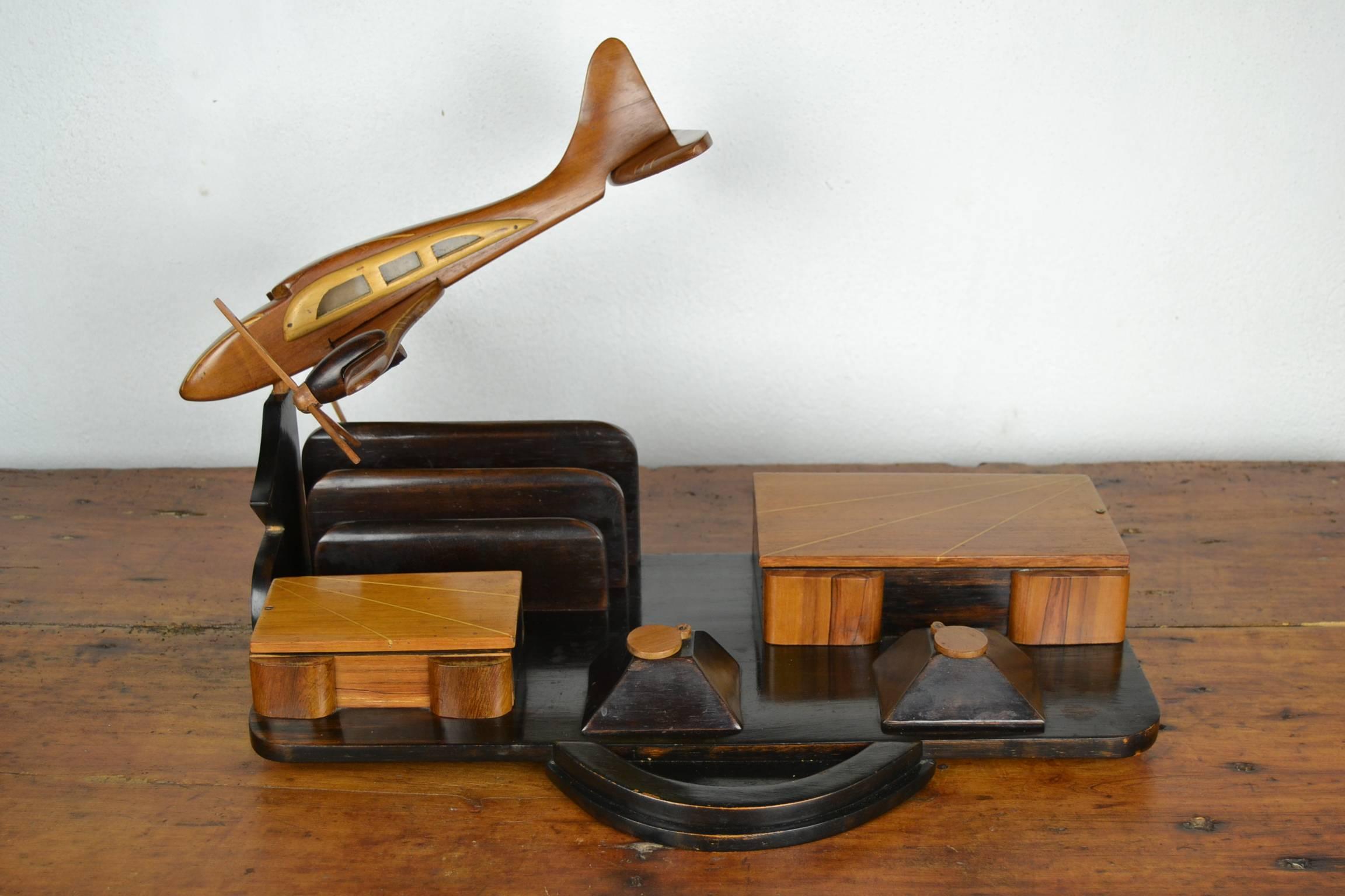 Art Deco Wooden Aeroplane Desk Set 1