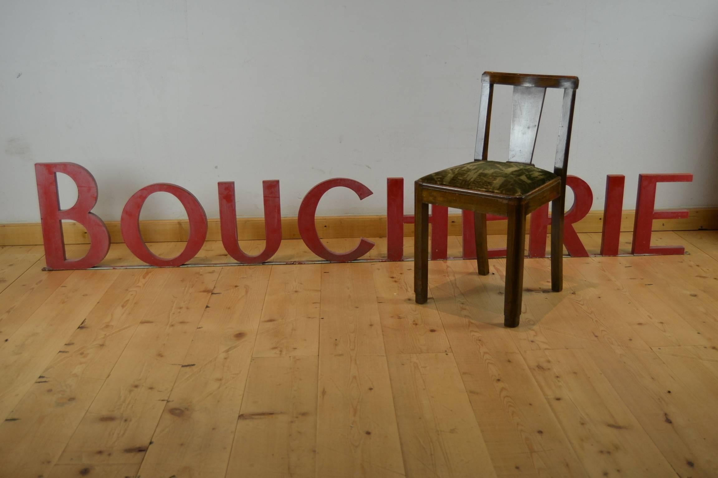 Great big old letter sign from Boucherie Butcher shop.
Awesome piece to decorate your home or business.
These big zinc letters were hand-crafted and have a great old original red patina.
Can Stand or can be used as wall decoration. As one word or