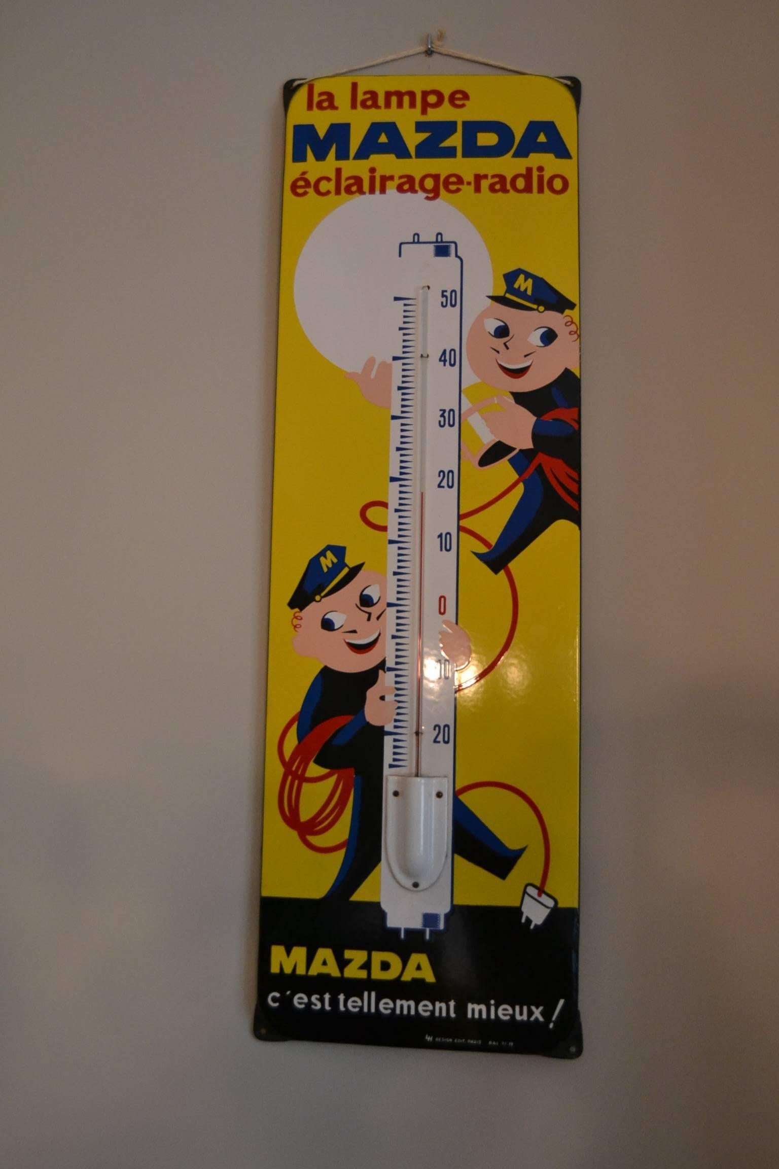 1950s French Enamel Sign Mazda Lamps with Thermometer 4