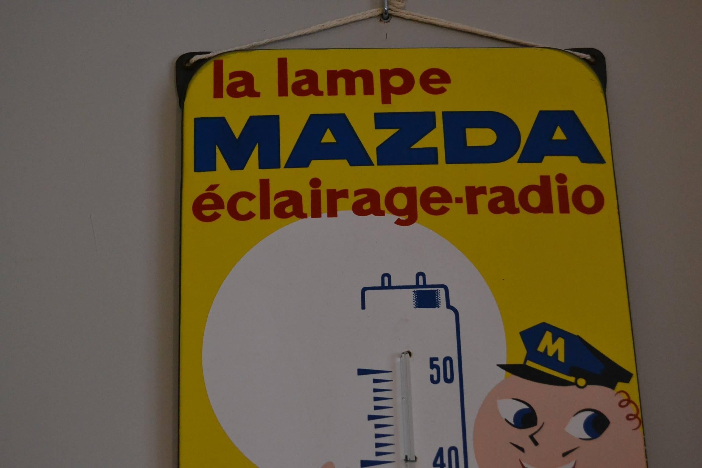 20th Century 1950s French Enamel Sign Mazda Lamps with Thermometer