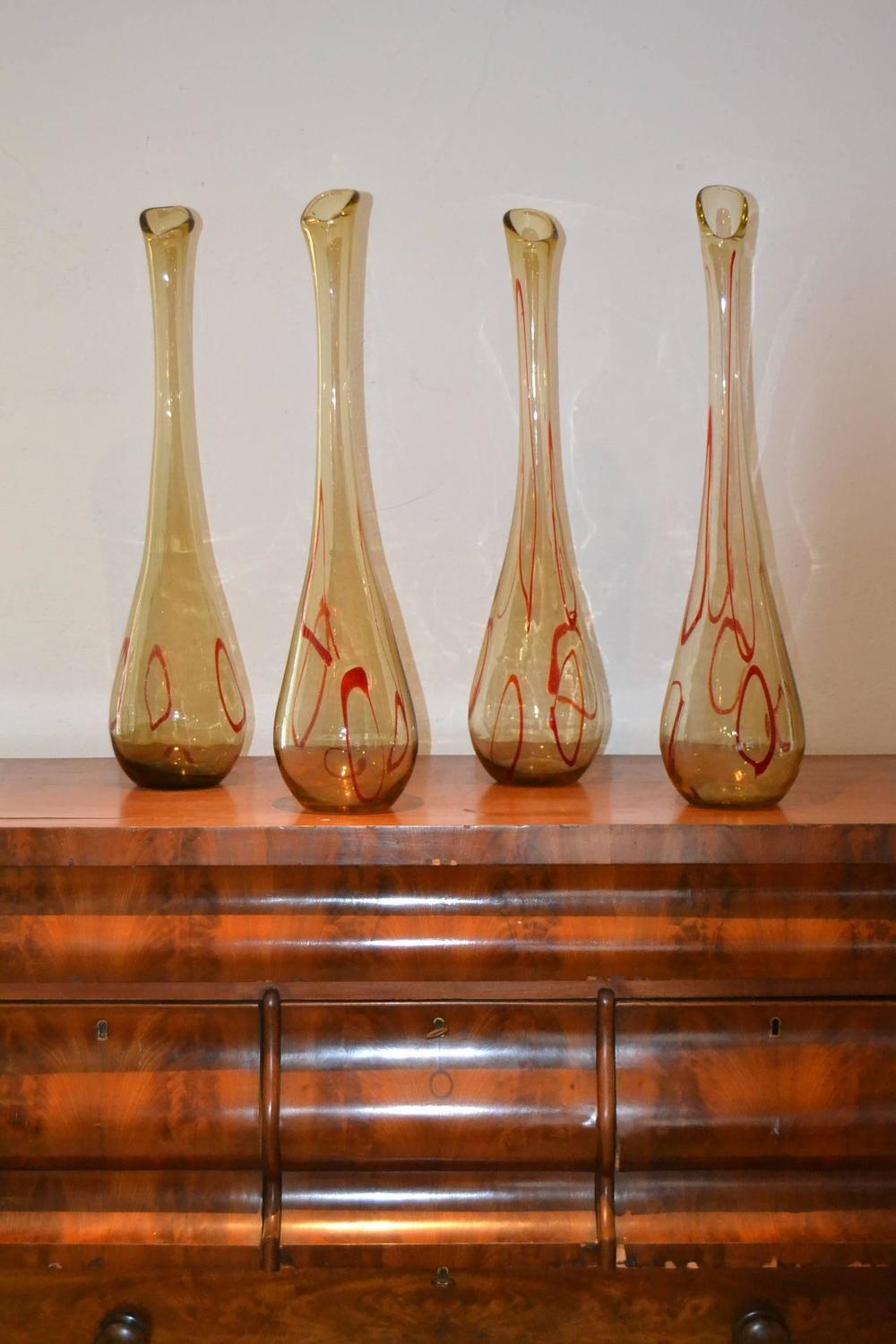 Art Glass Swung Bud Vases Amber And Red Ribbon Swirls 1960s 4 Pieces At 1stdibs