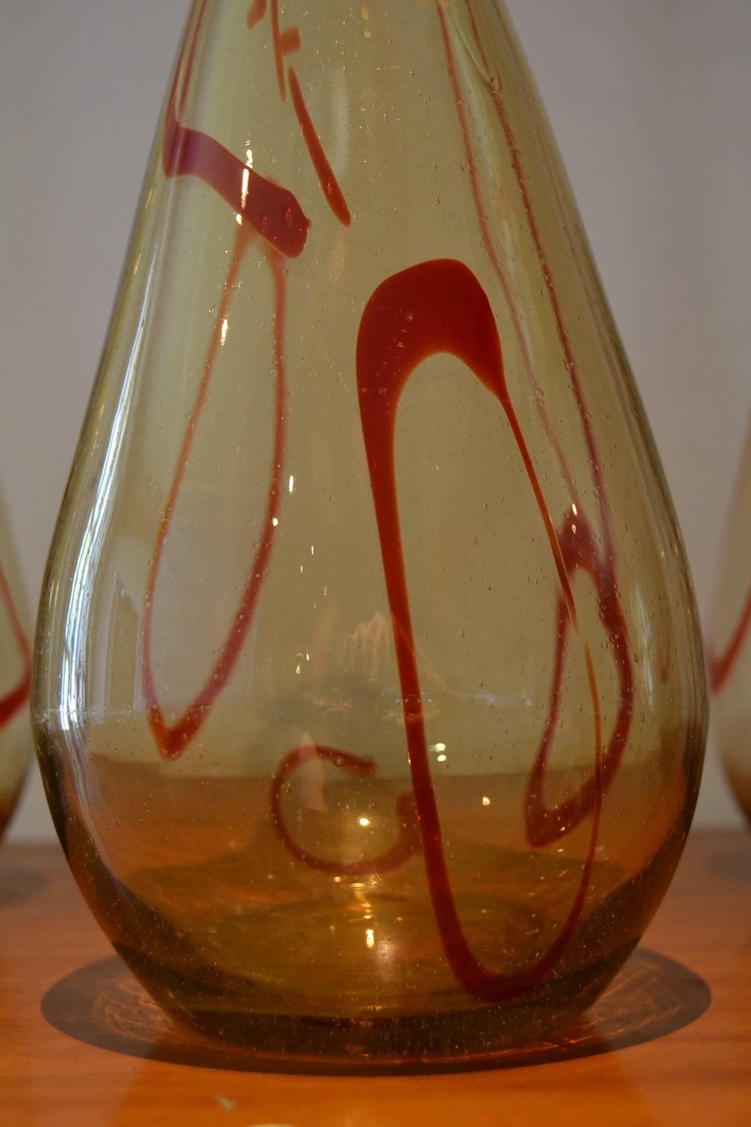 European Art Glass Swung Bud Vases, amber and red ribbon swirls , 1960s , 4 pieces 