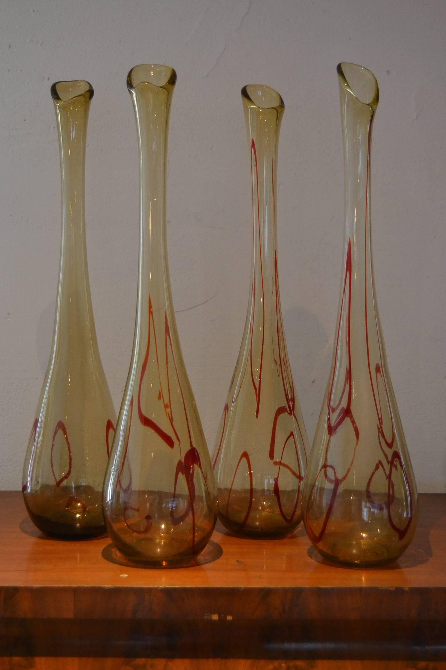 Blown Glass Art Glass Swung Bud Vases, amber and red ribbon swirls , 1960s , 4 pieces 