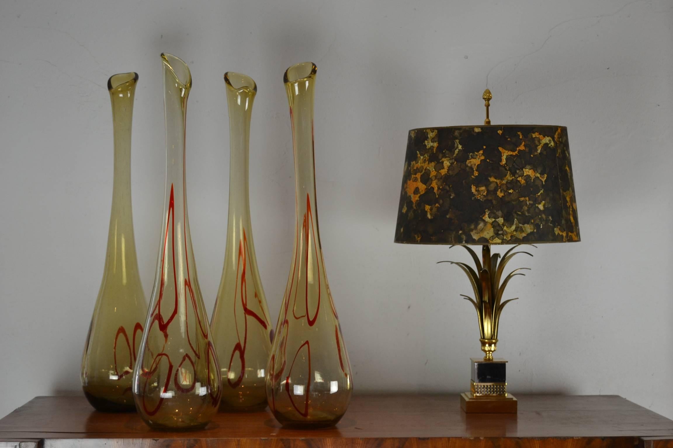 Beautiful large vintage stretch modernist handblown amber - caramel colored glass swung Bud Vases with red ribbon swirl.  
The glass of the floor vases is bubbled, this gives them a special touch. 
Elegant large ( 25,60 inch - 65cm ! ) teardrop Art