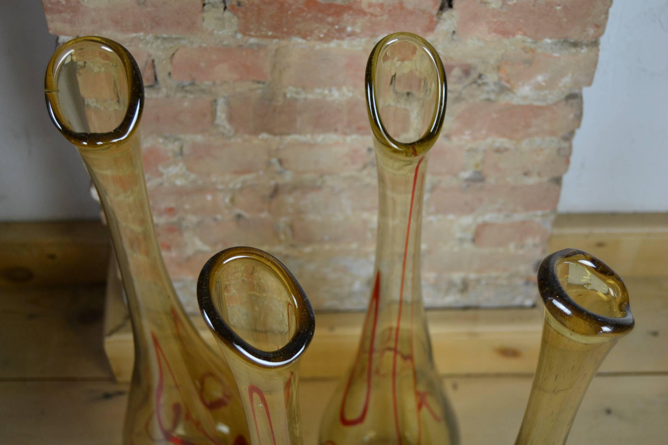 Mid-Century Modern Art Glass Swung Bud Vases, amber and red ribbon swirls , 1960s , 4 pieces 