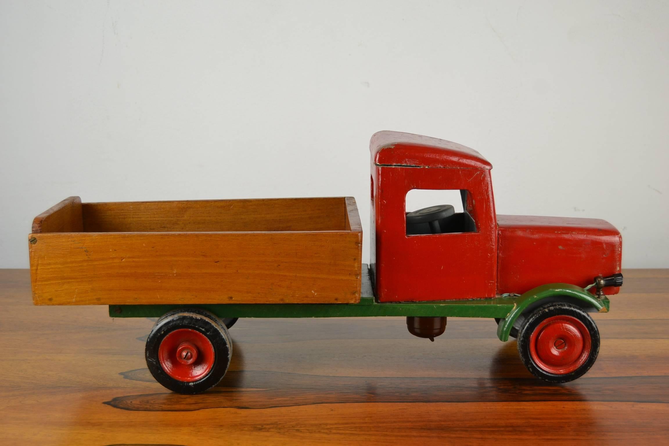 Bakelite Large Wooden Antique Toy Dump Truck, 1940s
