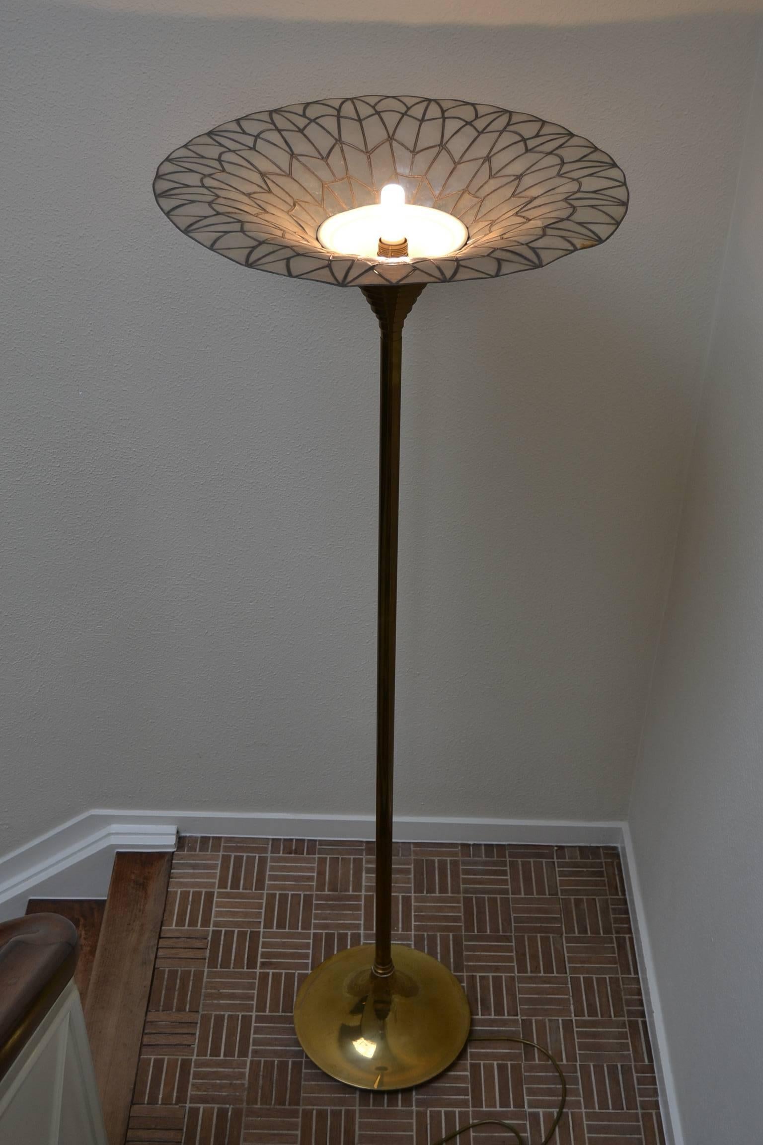 20th Century 1960s Brass Torchiere Floor Lamp with Capiz Shell Trumpet Shade