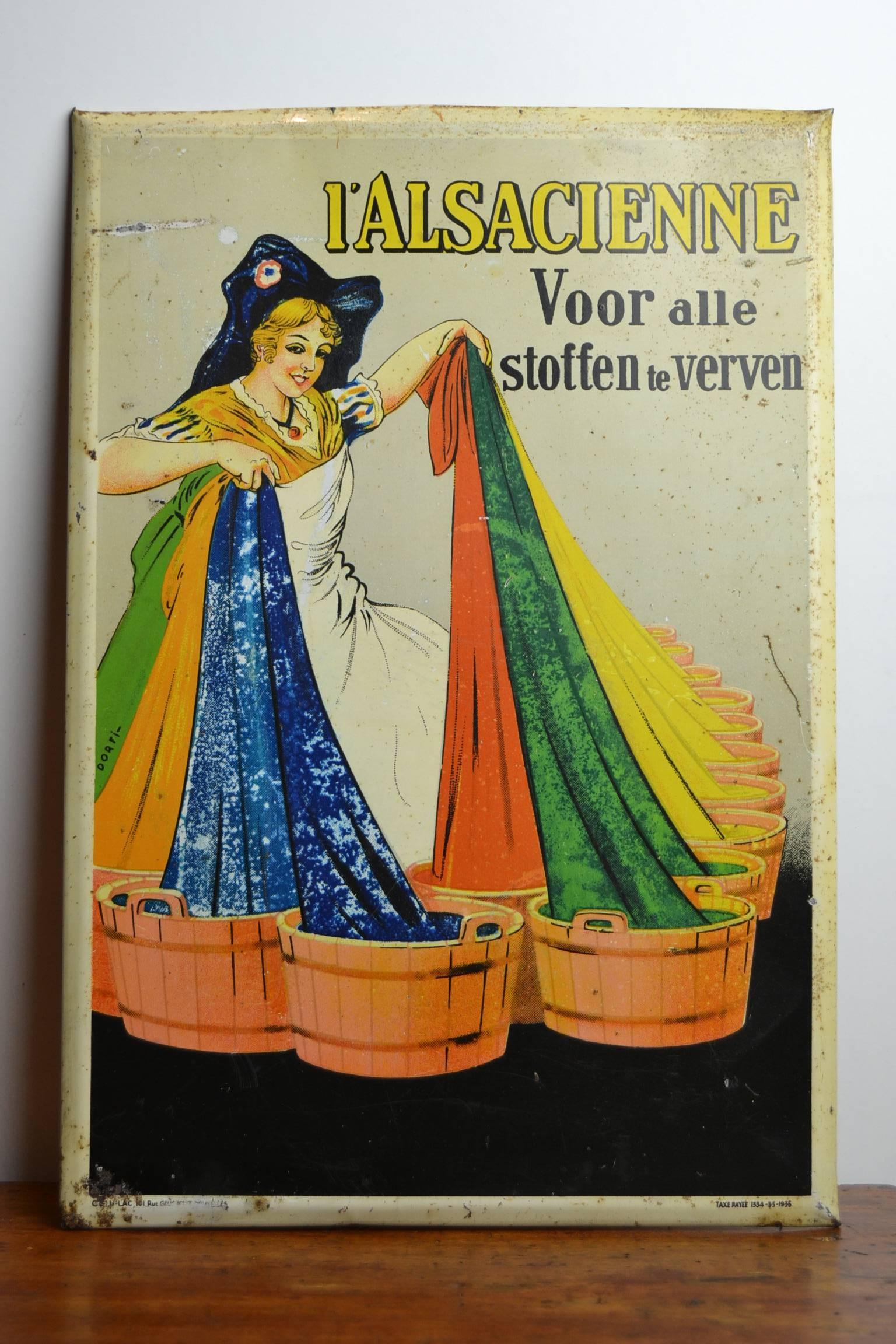 1935 Tin Sign by Dorfi for Fabric Paint L'Alsacienne For Sale 1