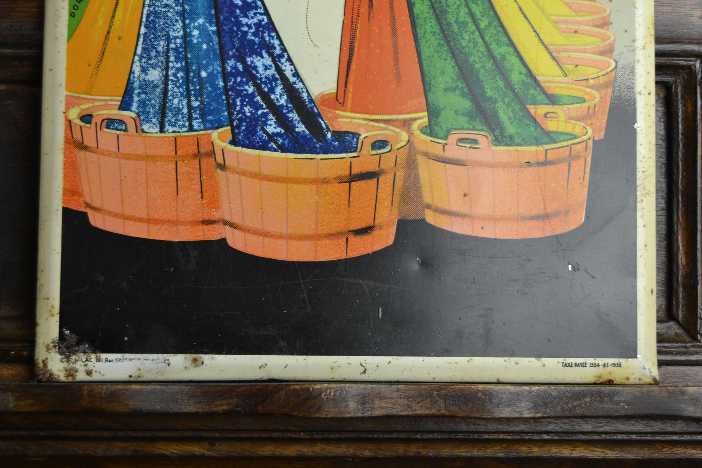 20ième siècle Panneau en étain 1935 de Dorfi pour la peinture sur tissu L'Alsacienne en vente
