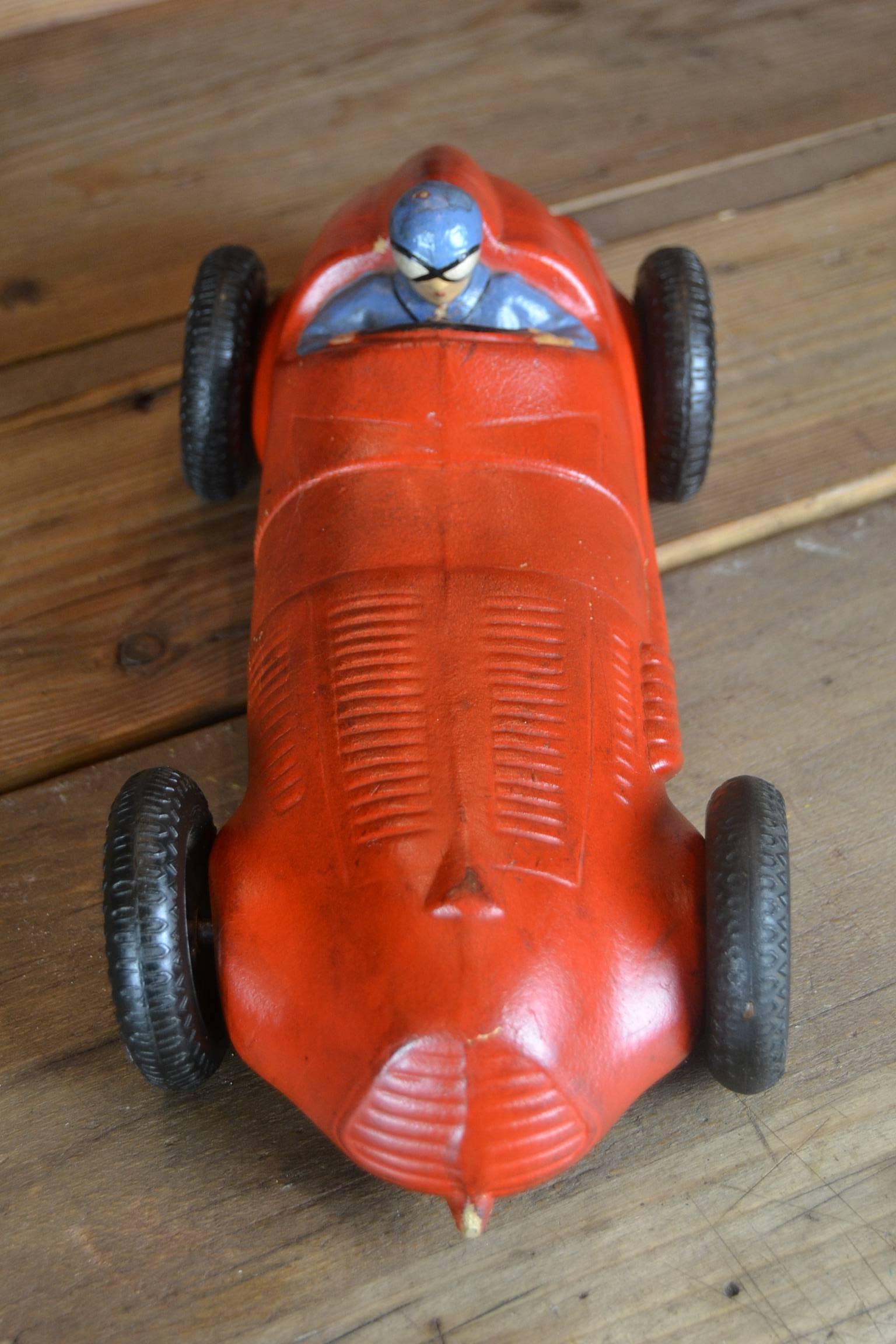 20th Century Red Racer Car Model, Racer Toy, thick heavy Rubber , 1940s 