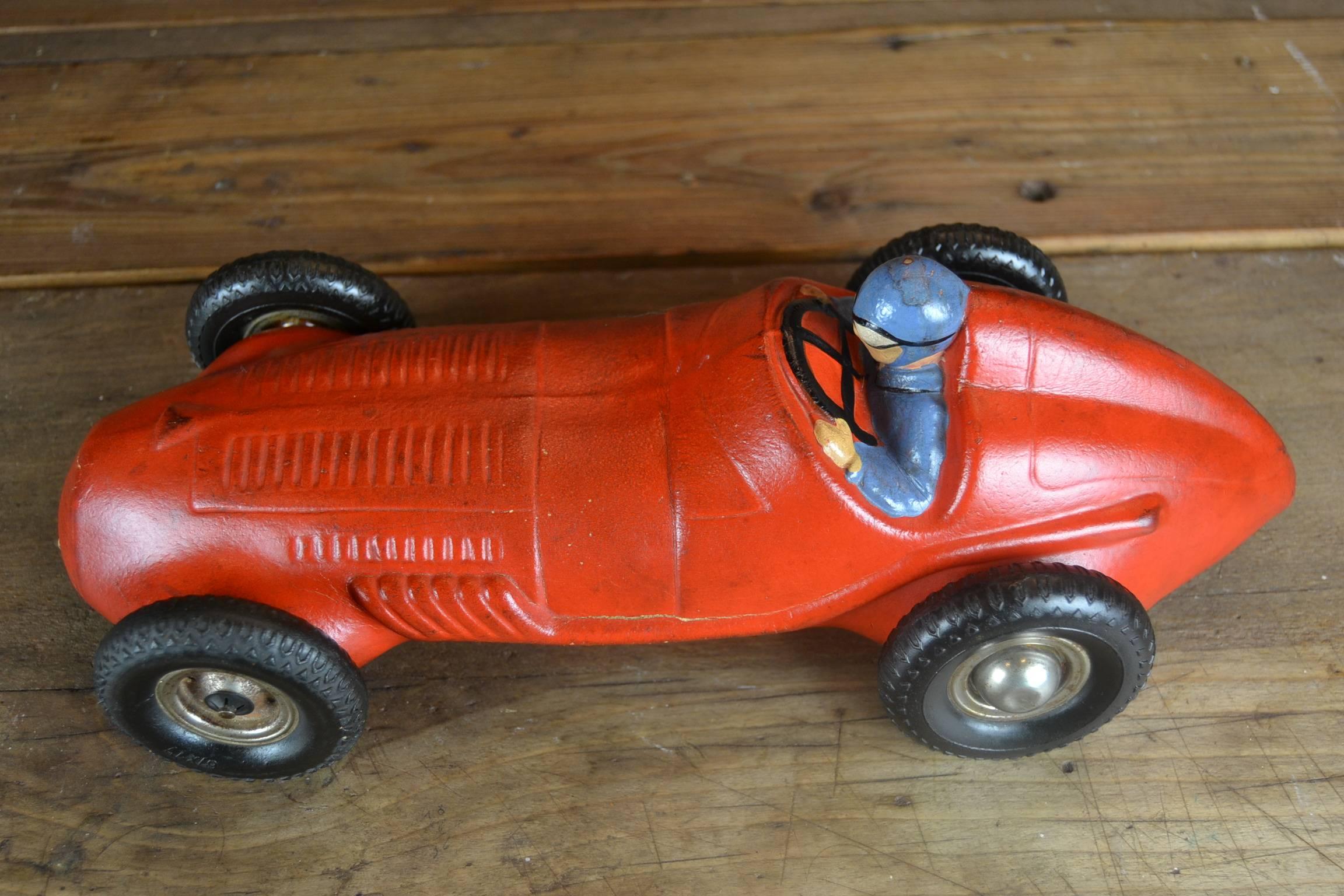 European Red Racer Car Model, Racer Toy, thick heavy Rubber , 1940s 