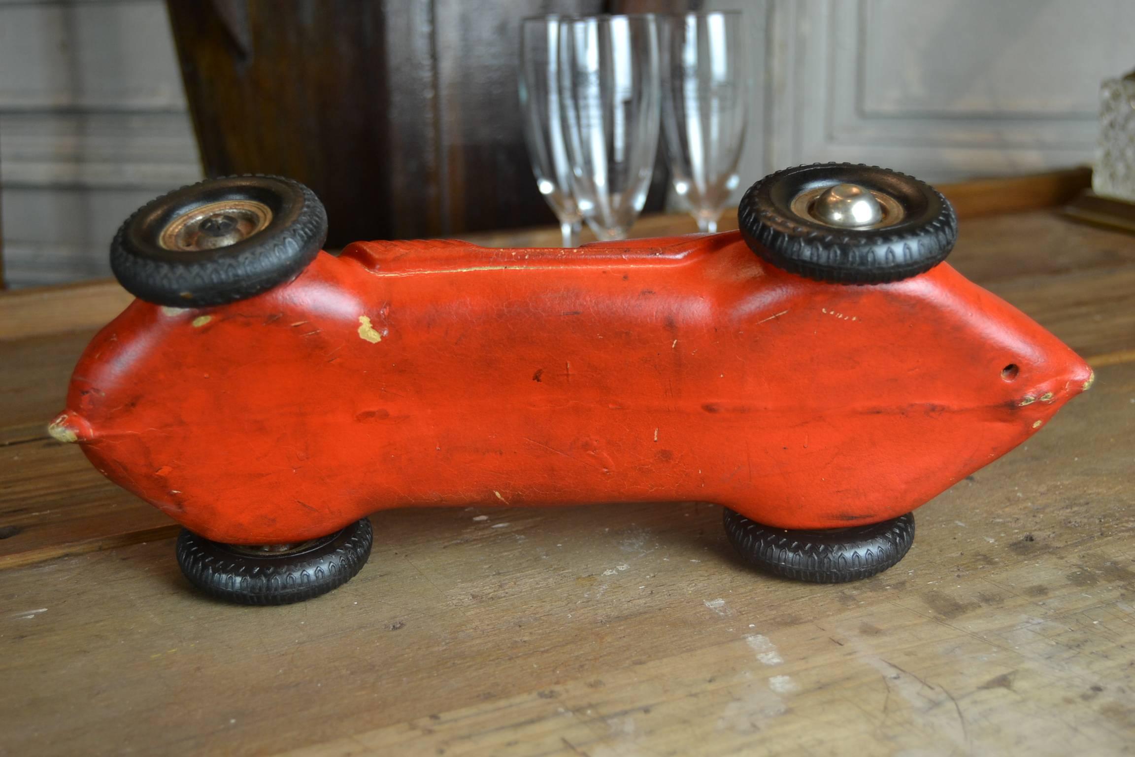 Red Racer Car Model, Racer Toy, thick heavy Rubber , 1940s  In Good Condition In Antwerp, BE