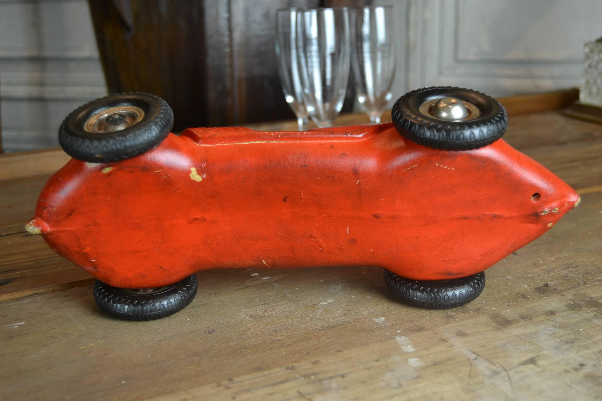 Red Racer Car Model, Racer Toy, thick heavy Rubber , 1940s In Good Condition In Retie, BE