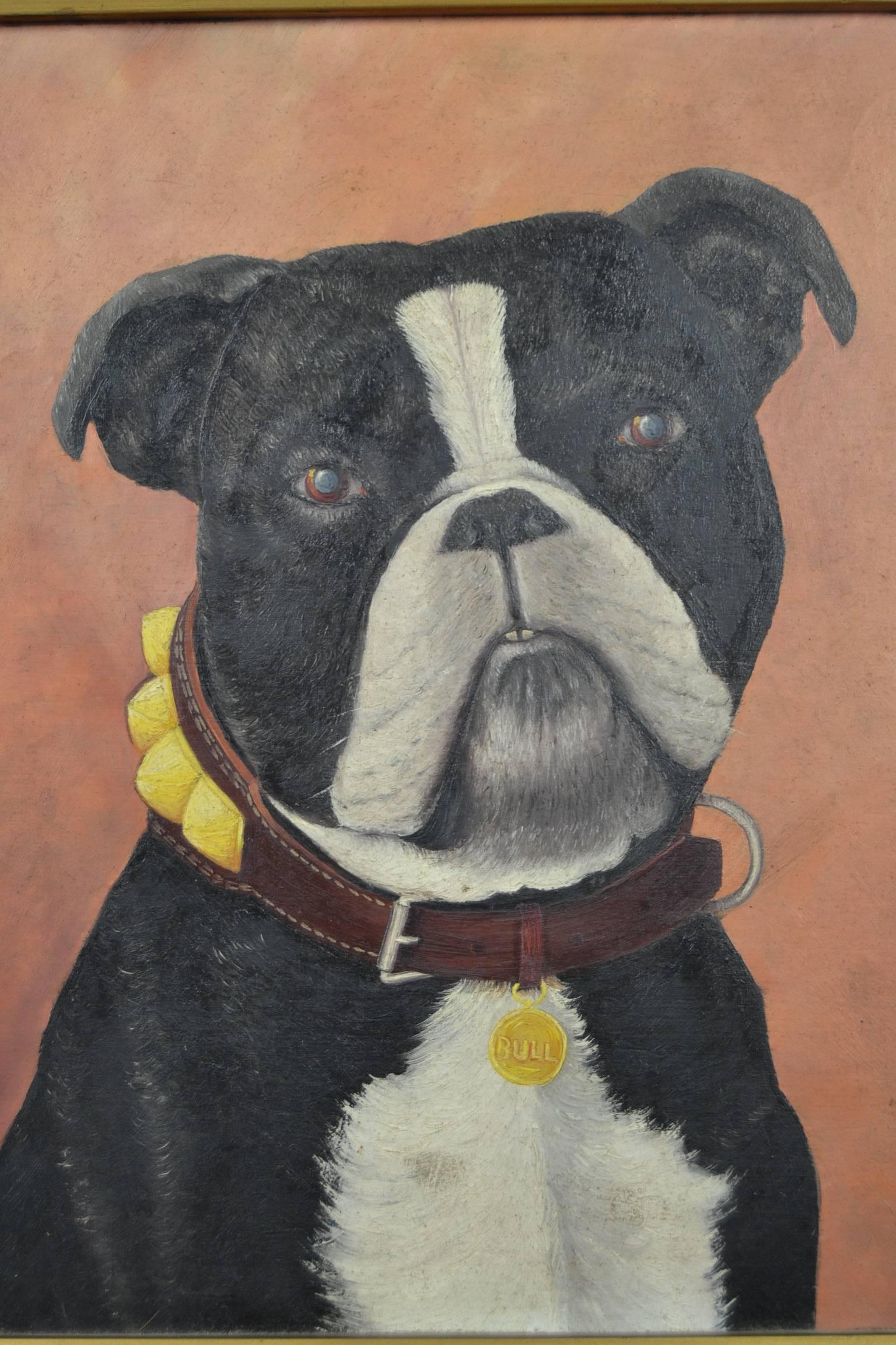 Lovely handmade vintage painting of a French or old English bulldog proud sitting dog portrait with the name bull on his collar. 
Painted on a wooden panel, framed in a beautiful black colored wooden framework with nice old patina.
Not signed