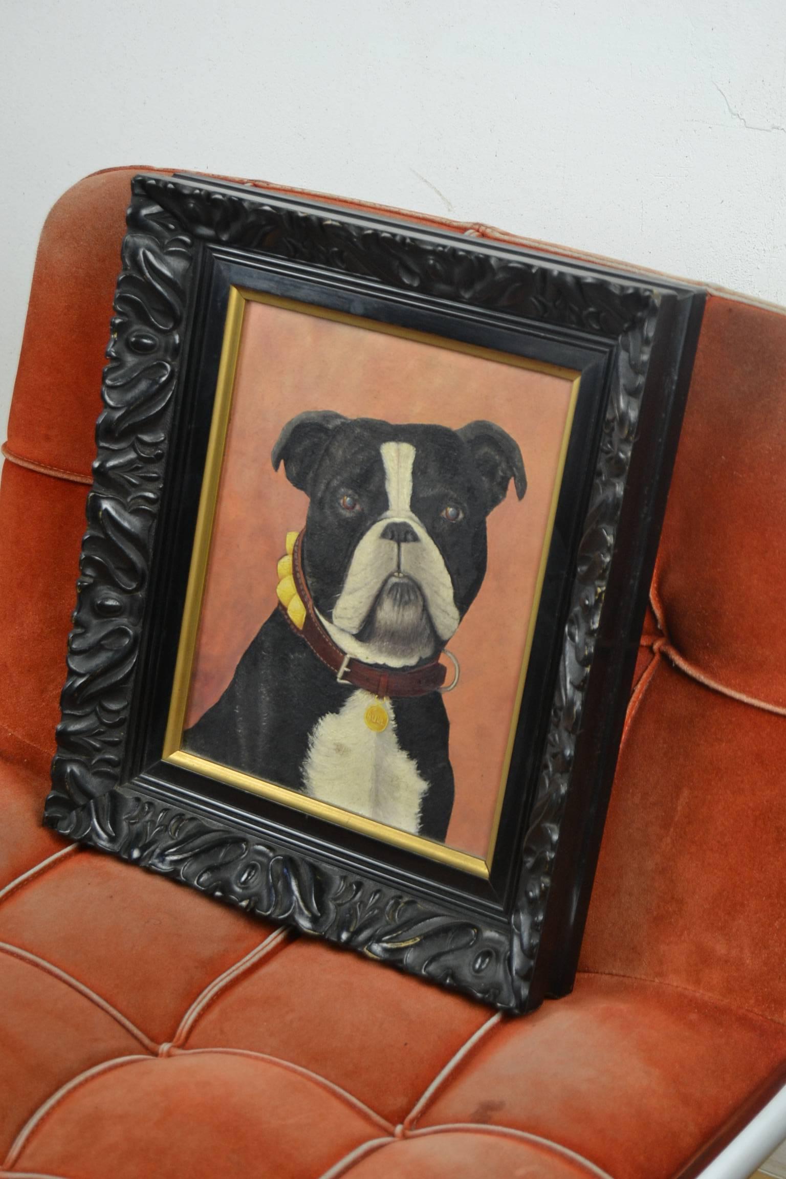 Art Deco Vintage Black Framed Bulldog Painting on Wood