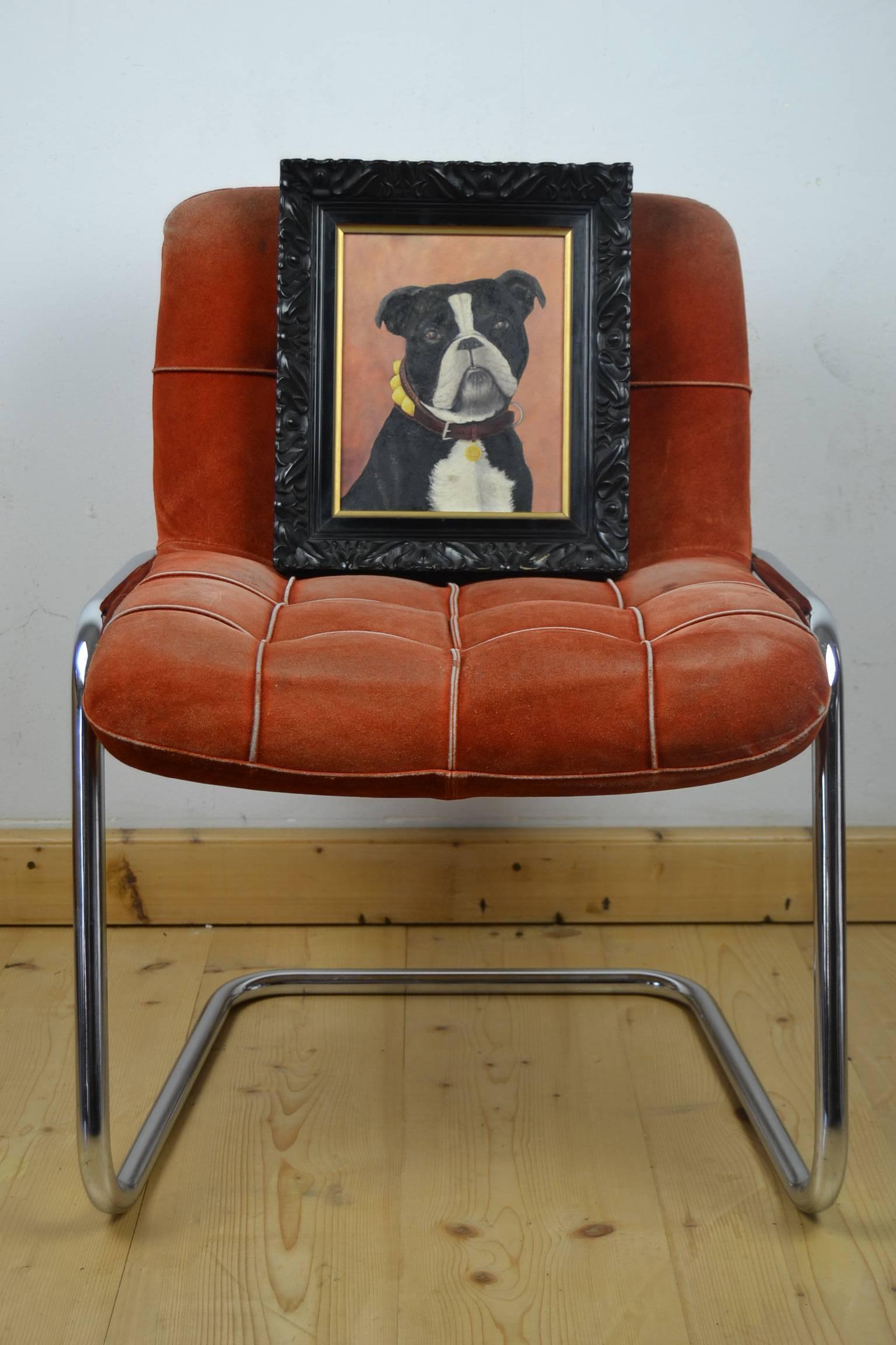Vintage Black Framed Bulldog Painting on Wood 2