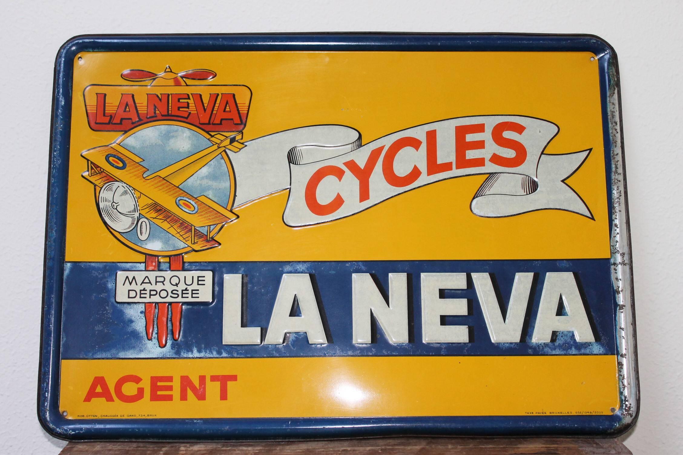 Mid-Century Modern 1948 Tin Publicity Sign for La Neva Cycles