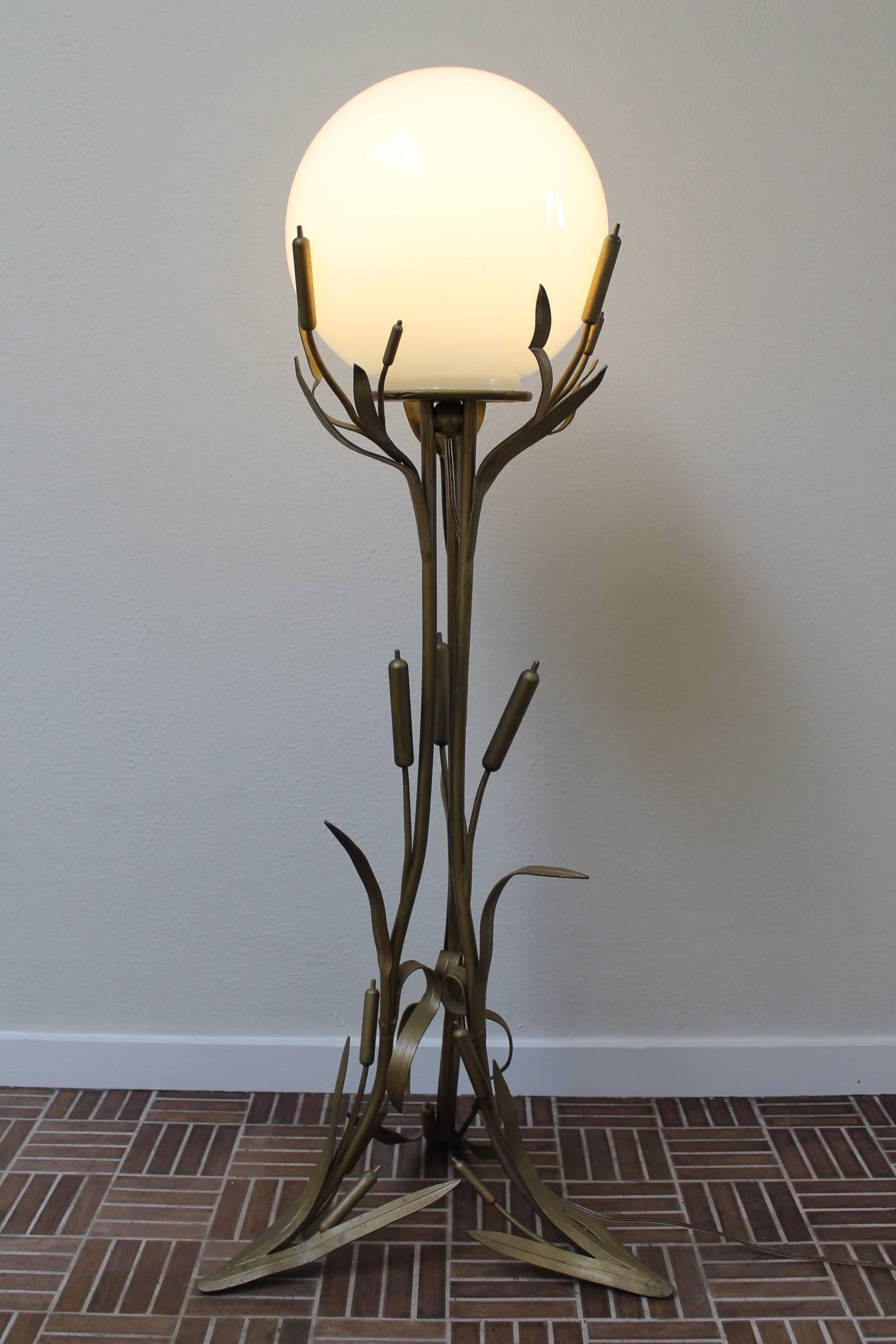 European 1960s Brass Cattail Floor Lamp with Glass Shade , Europe 