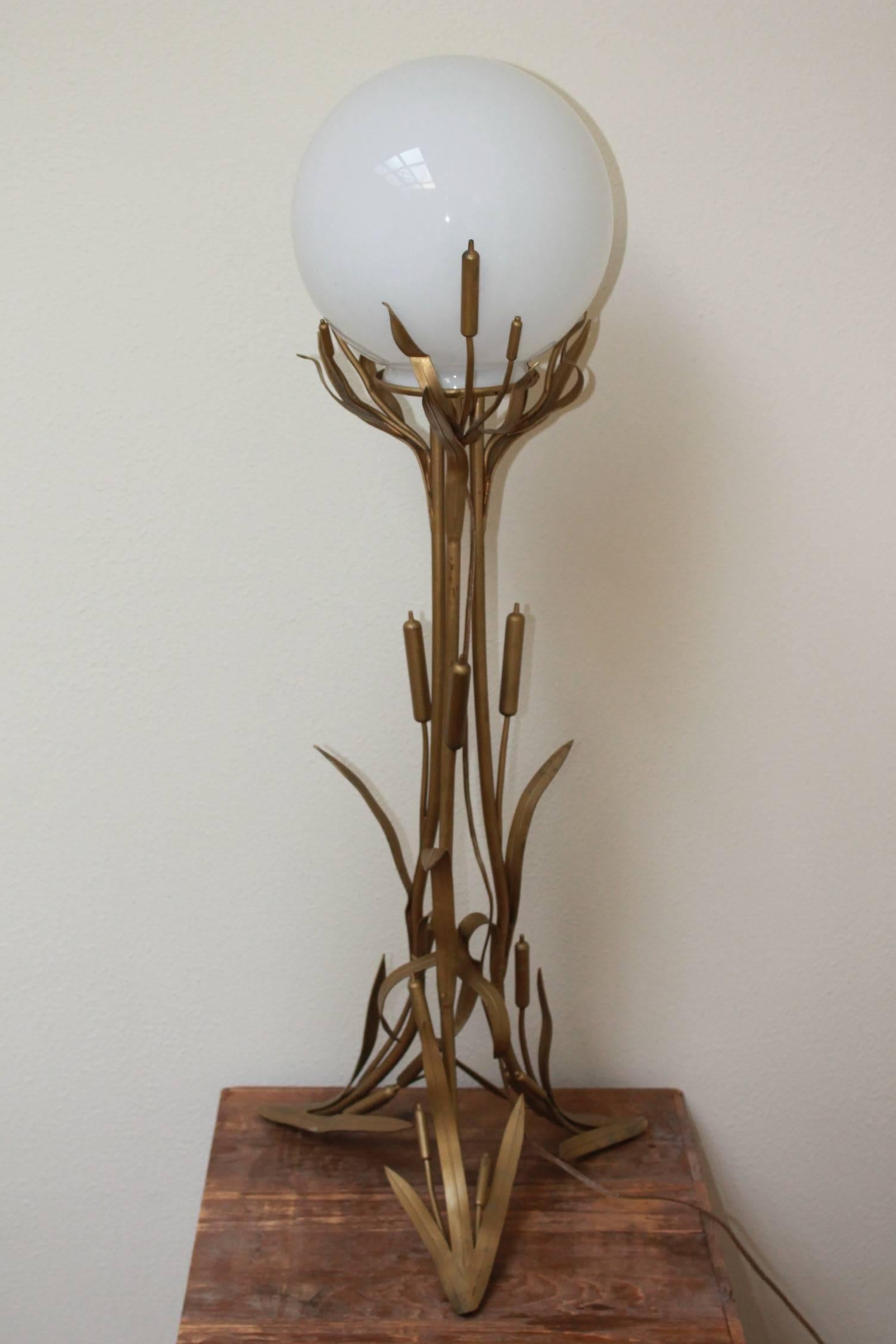 1960s Brass Cattail Floor Lamp with Glass Shade , Europe  In Good Condition In Antwerp, BE