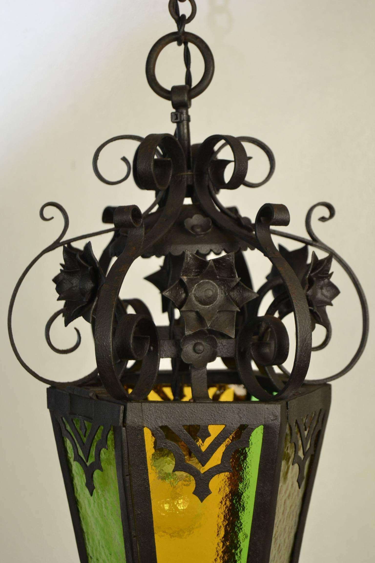 French Antique Wrought Iron Lantern with Colored Glass, Early 20th Century 1