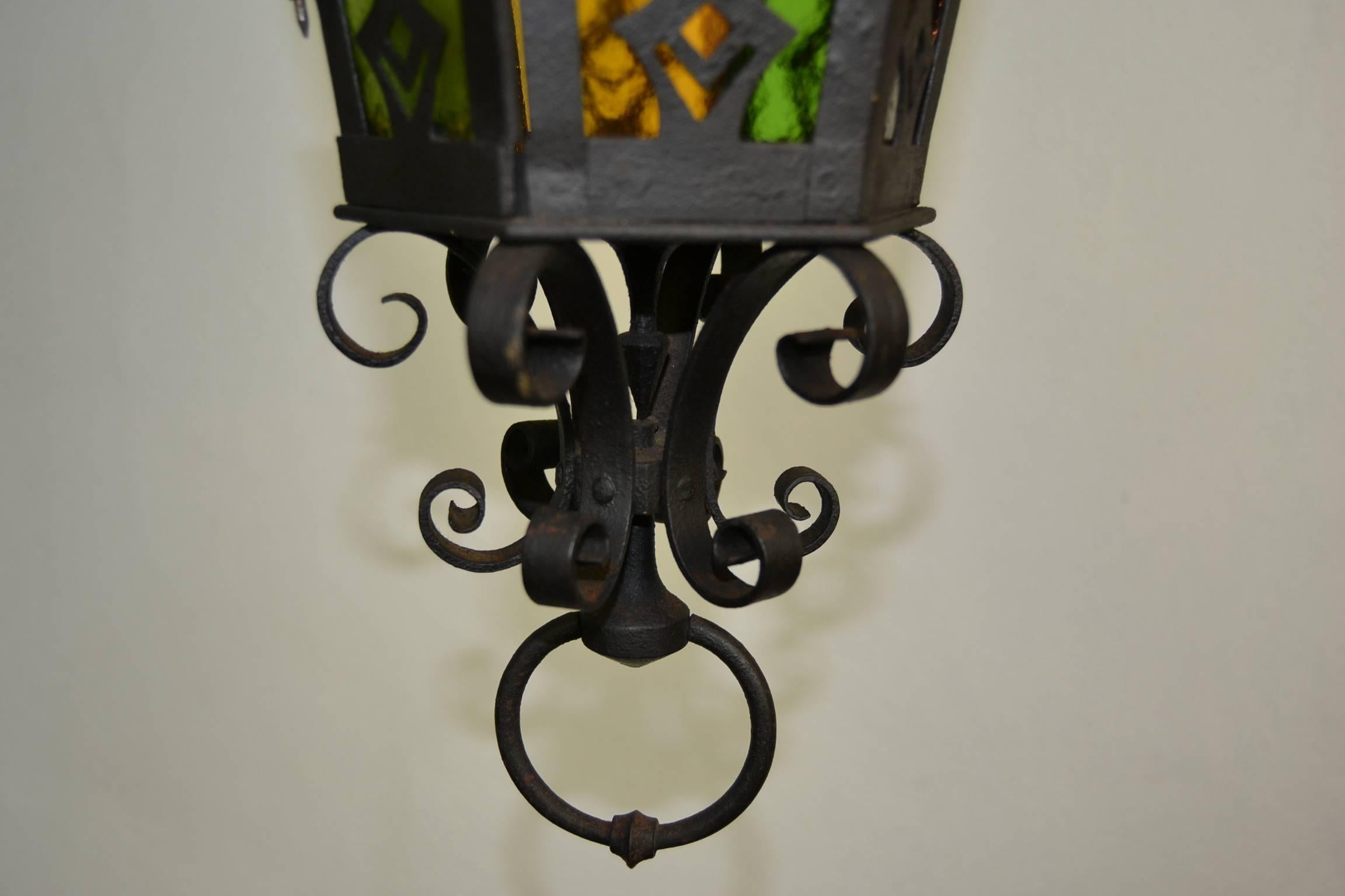 Arts and Crafts French Antique Wrought Iron Lantern with Colored Glass, Early 20th Century