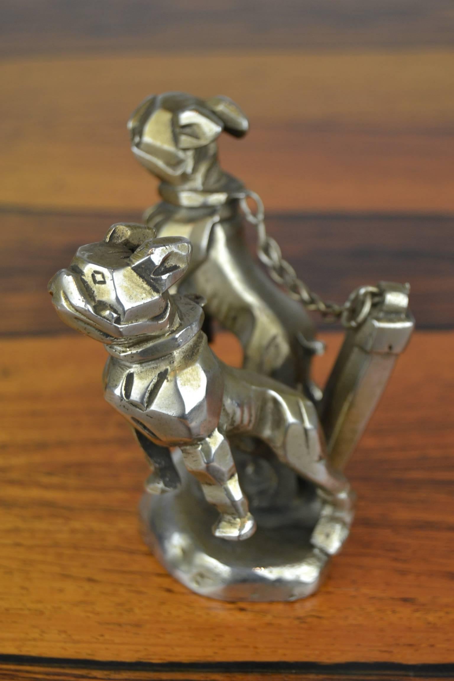 Art Deco 1920s Car Mascot, Chained French Bulldogs, Hood Ornament