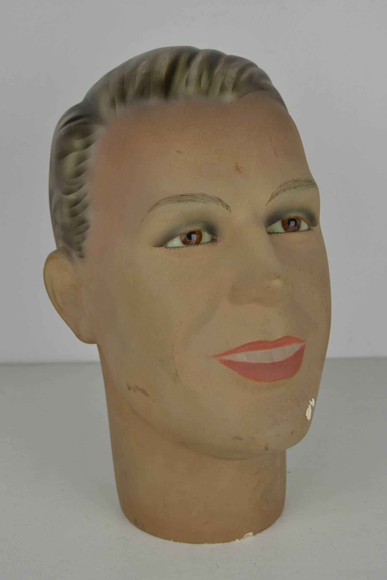 Molded 1930s Antique Plaster Male Mannequin Head with Glass Eyes