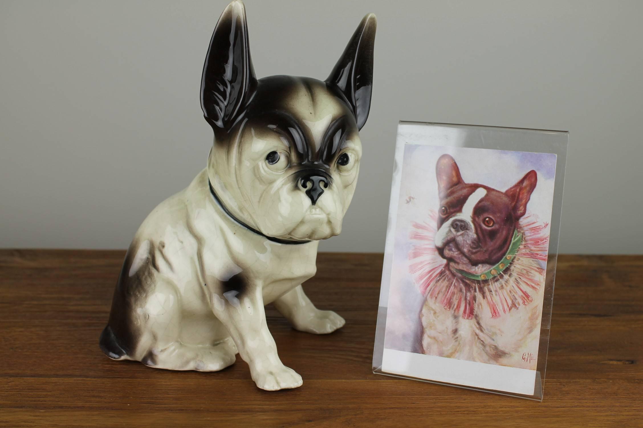 Large Art Deco Porcelain French Bulldog Figurine - Bulldog Statue. 
This Dog Statue did have a life in the meantime and has a charming craquele patina all over. 
This animal figurine has a number on the bottom as well an X and another sign , 
so we