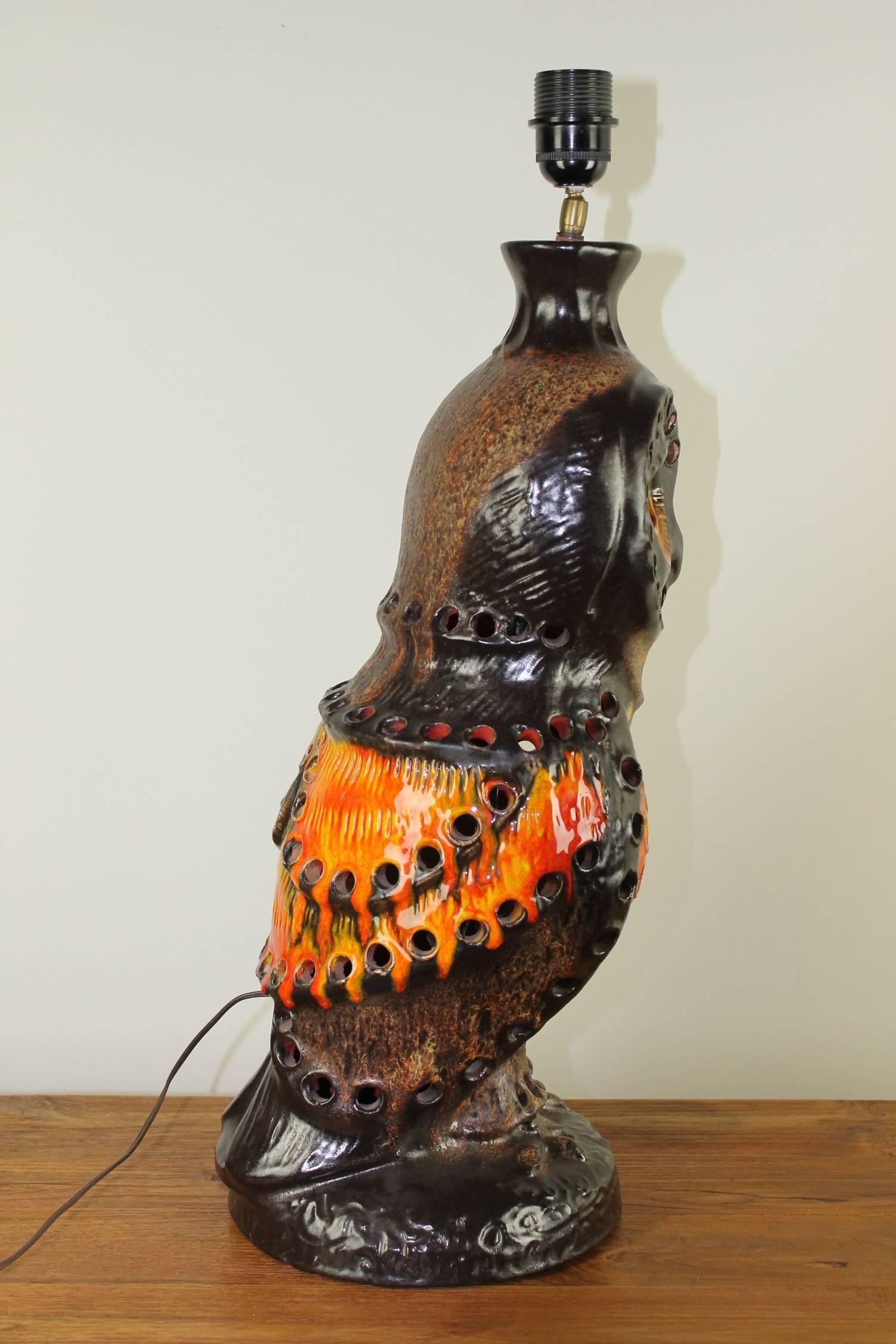 Brutalist 1970s Huge Fat Lava Ceramic Owl Table Lamp