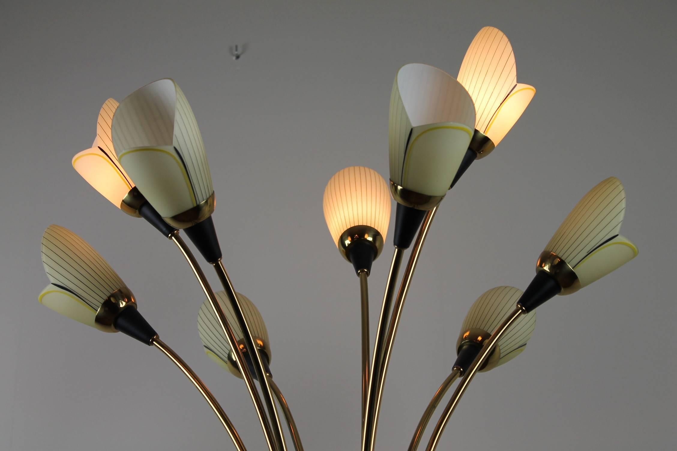 Belgian 1960s Brass Floor Lamp with Nine Opaline Glass Tulip Flowers by Massive Belgium