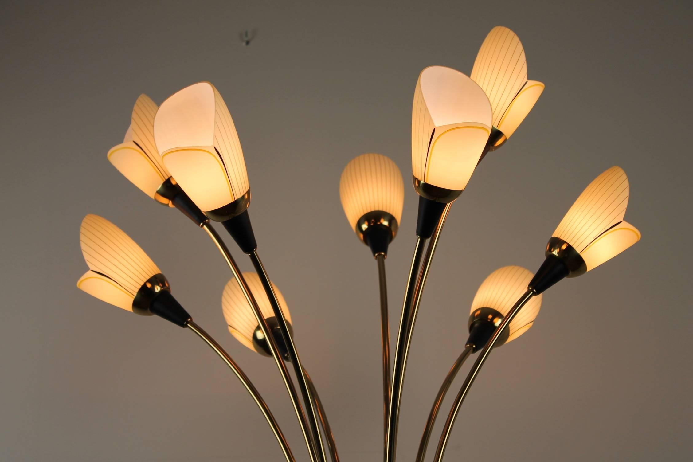 Hand-Painted 1960s Brass Floor Lamp with Nine Opaline Glass Tulip Flowers by Massive Belgium