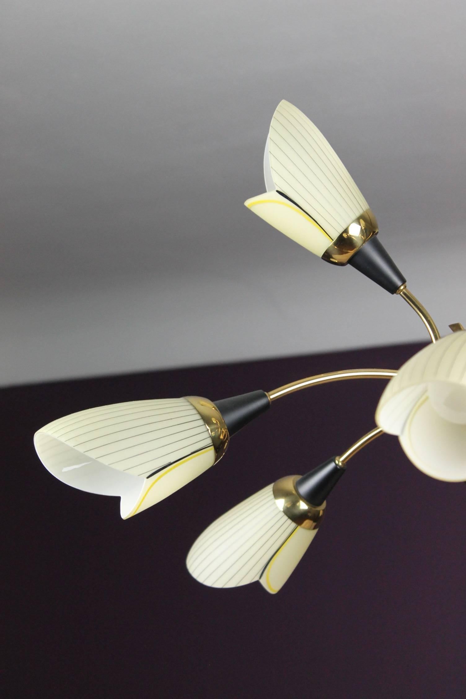 Mid-Century Modern Brass Chandelier with Opaline Glass Tulip Shades by Lustrerie Massive, 1960s