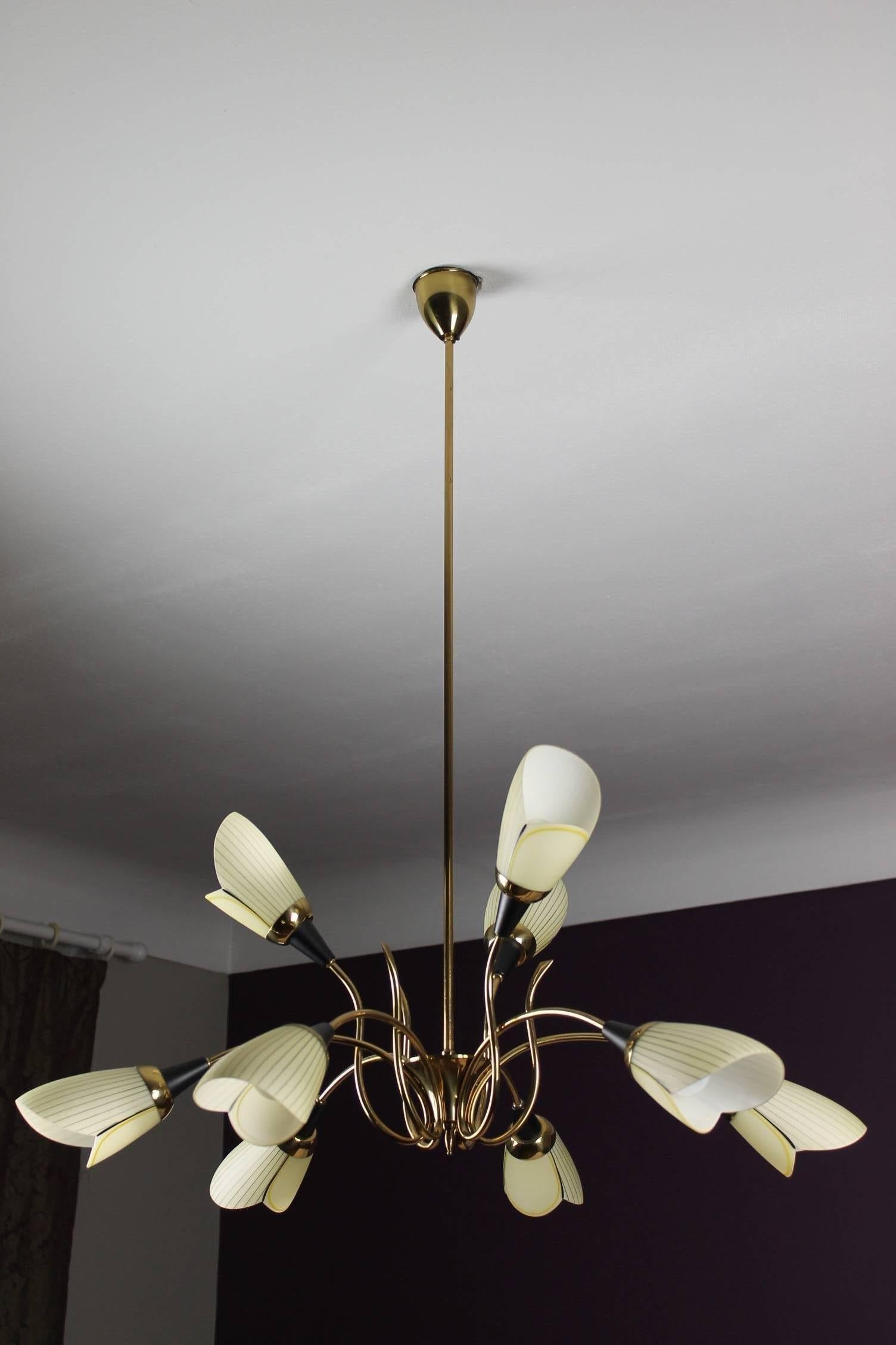 Brass Chandelier with Opaline Glass Tulip Shades by Lustrerie Massive, 1960s In Good Condition In Antwerp, BE