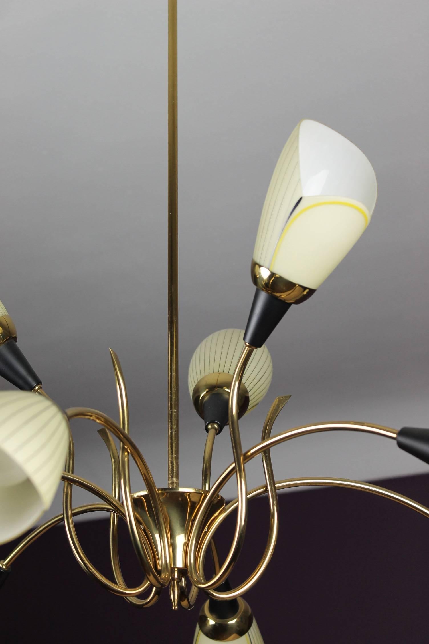 20th Century Brass Chandelier with Opaline Glass Tulip Shades by Lustrerie Massive, 1960s