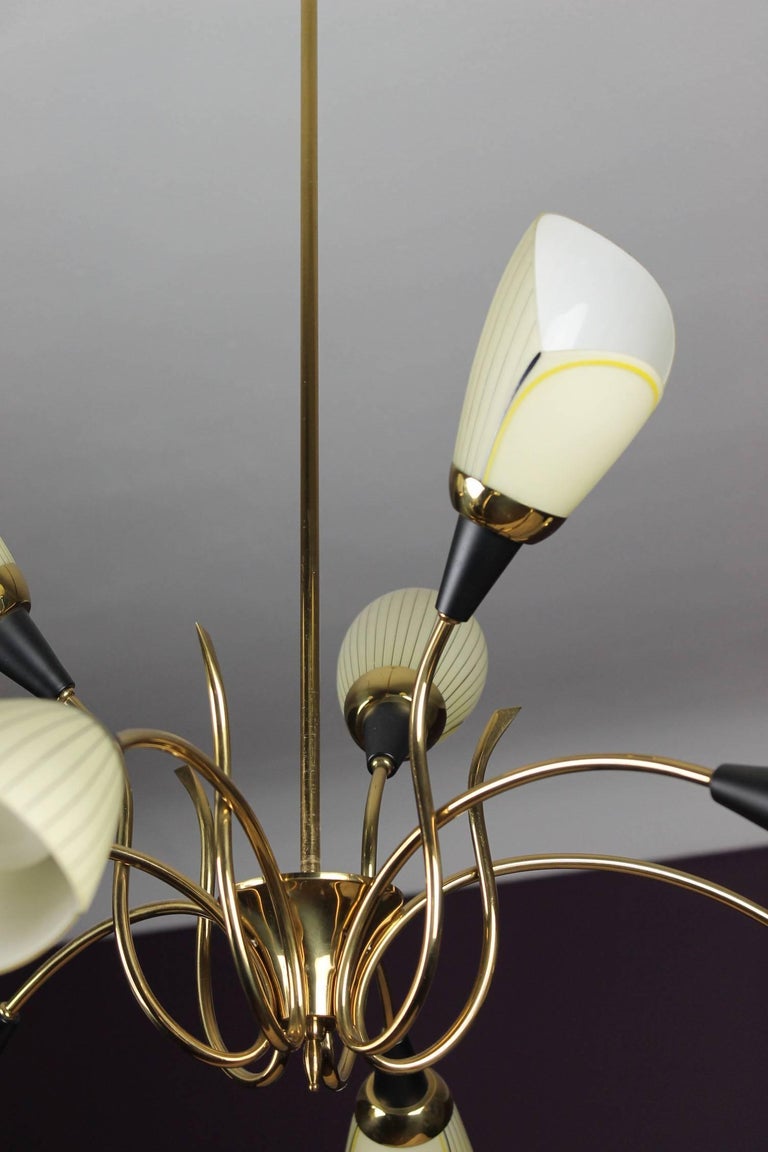 Brass Chandelier with Opaline Glass Tulip Shades by Lustrerie Massive,  1960s at 1stDibs