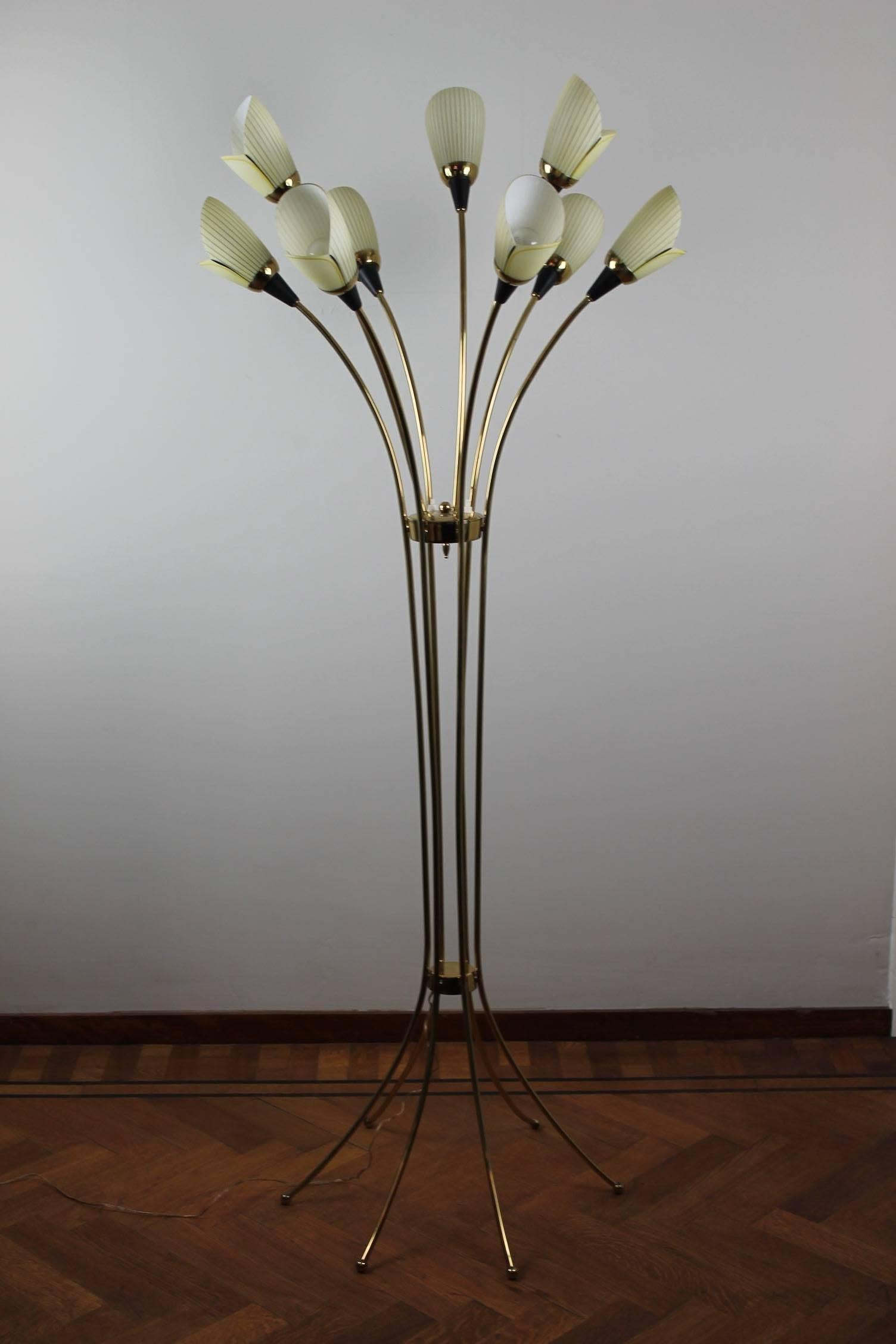 Brass Chandelier with Opaline Glass Tulip Shades by Lustrerie Massive, 1960s 1