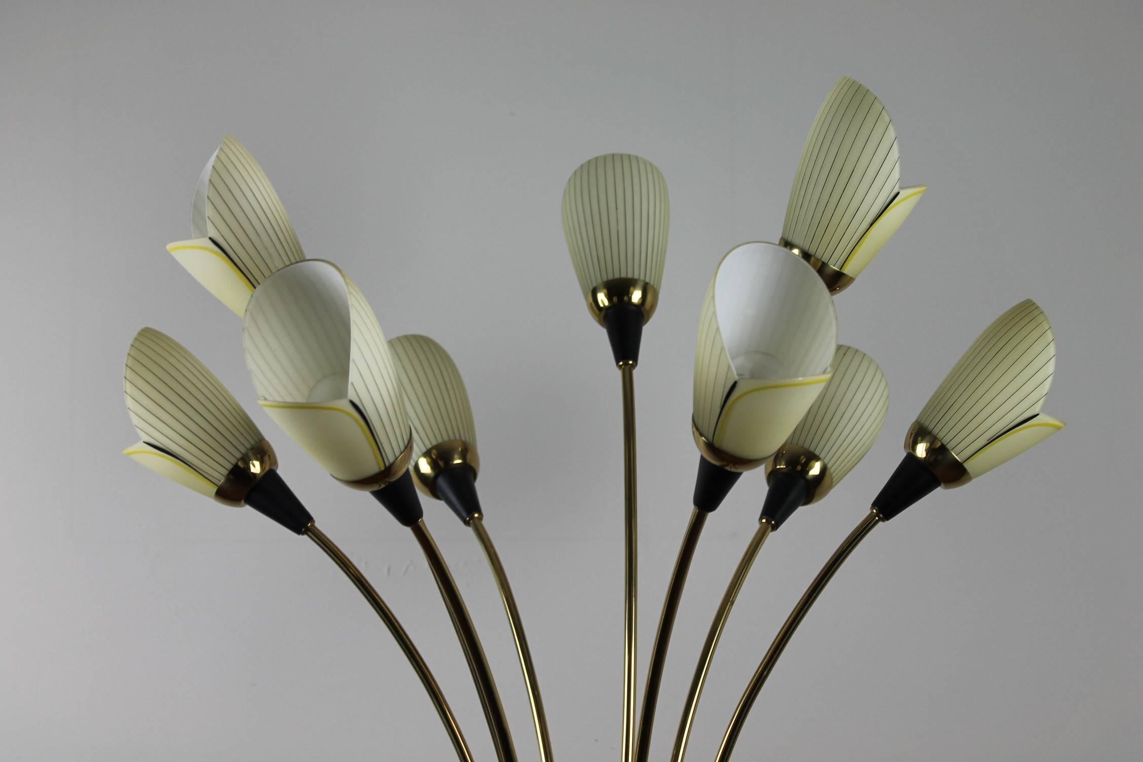 Brass Chandelier with Opaline Glass Tulip Shades by Lustrerie Massive, 1960s 2
